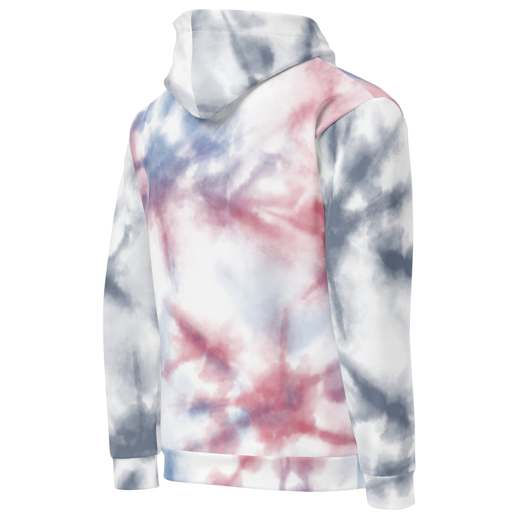 White all-over-print unisex cotton hoodie by Leaky ts, showcasing a stylish back design for casual comfort.