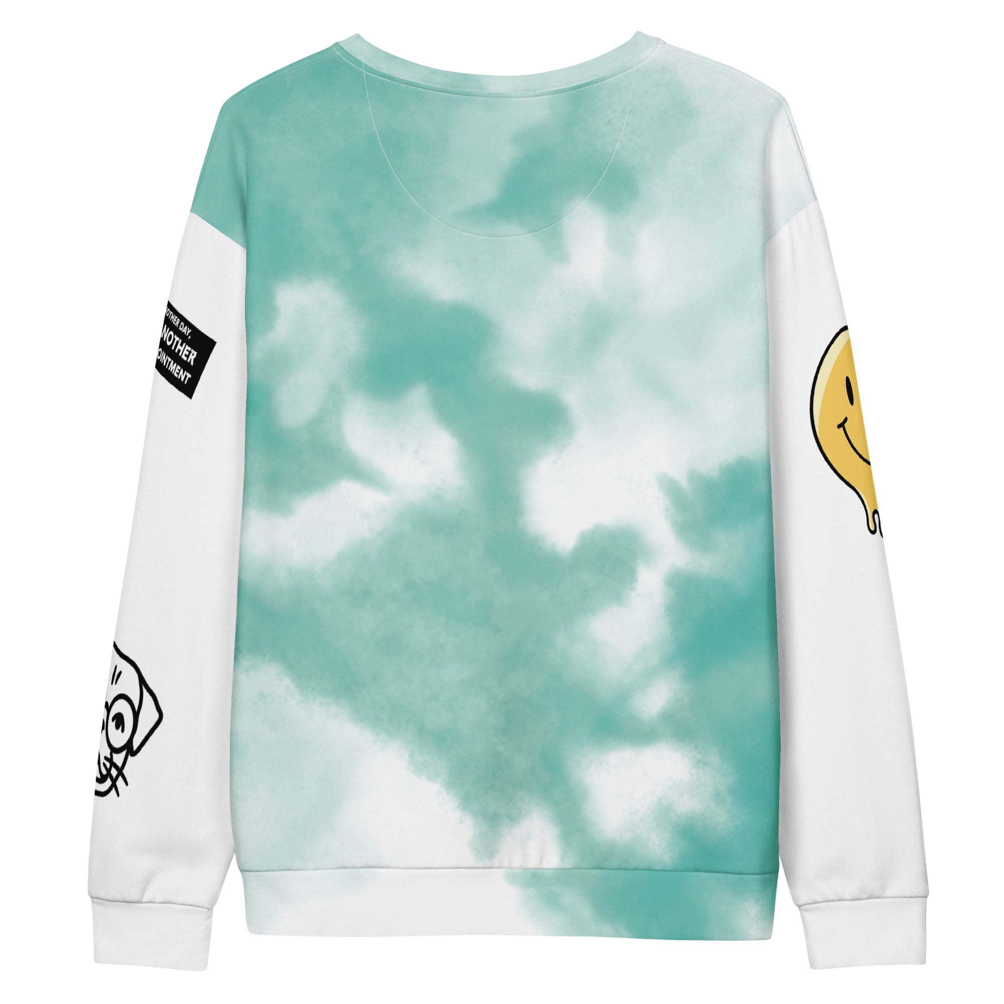 Leaky ts Another Day, Another Disappointment pastel drip crewneck sweatshirt with all-over print, unisex cotton, white background.