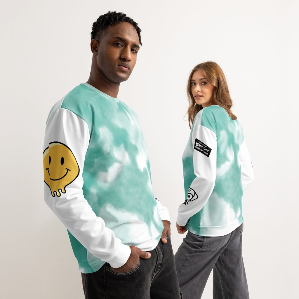 Leaky ts Another Day, Another Disappointment pastel drip crewneck sweatshirt, unisex cotton with all-over print, white front and back.