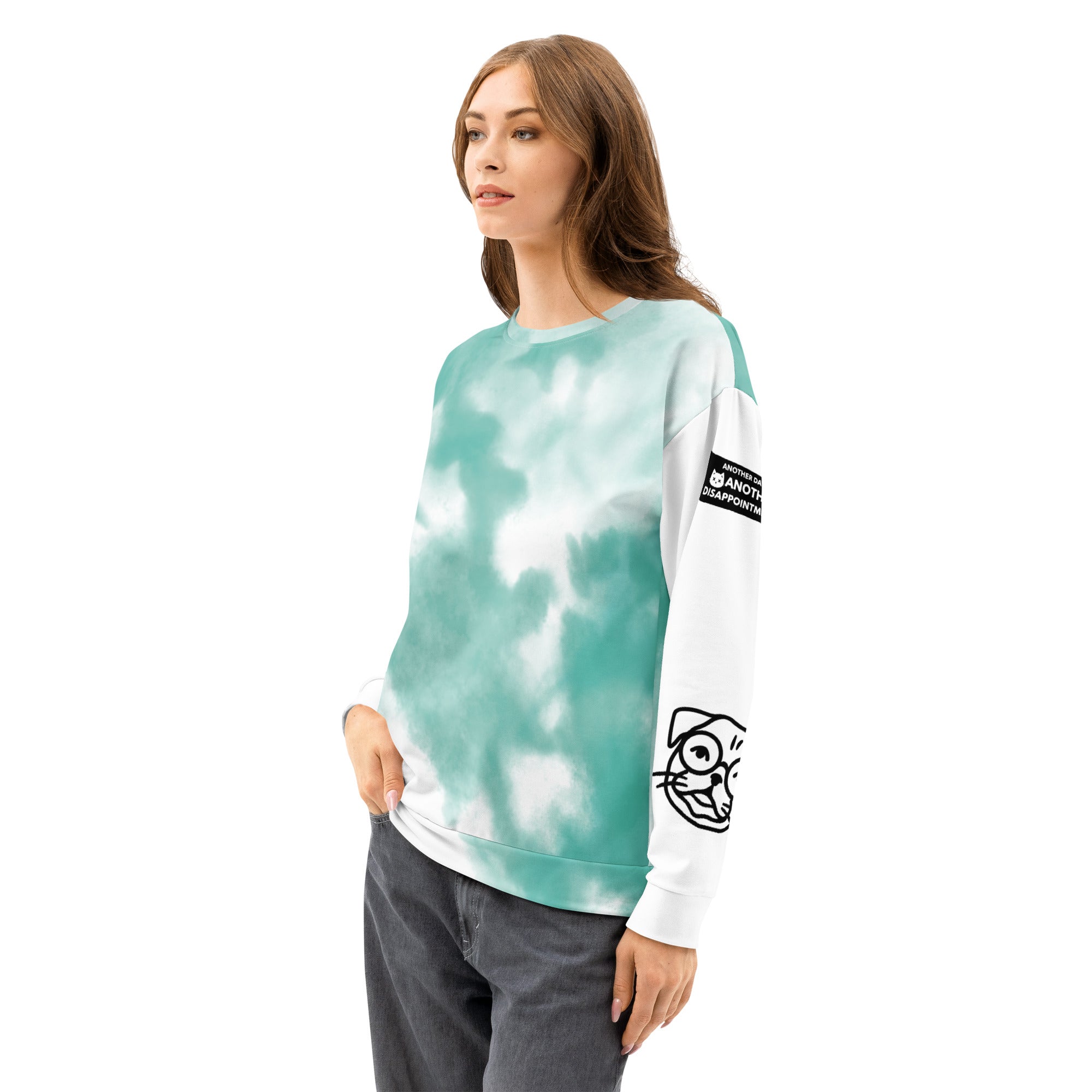 Leaky ts Another Day, Another Disappointment pastel drip crewneck sweatshirt with all-over print on white cotton fabric.