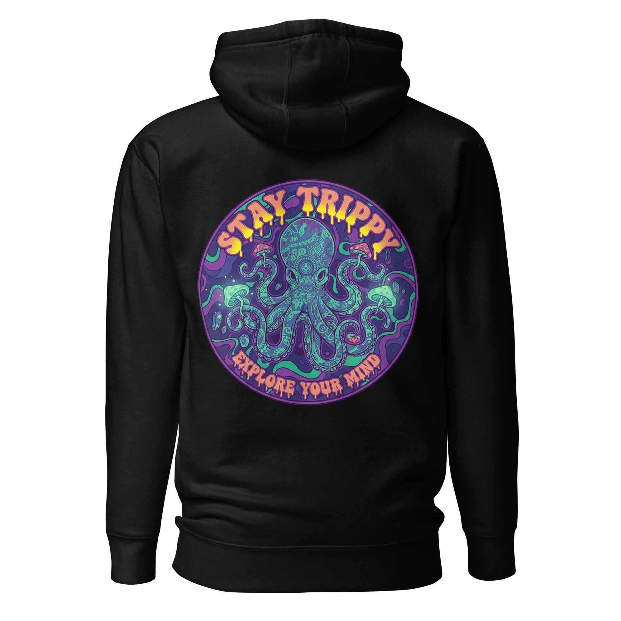 Leaky TS Stay Trippy Oct unisex hoodie in black with printed design, made of soft cotton heritage fabric, back view.