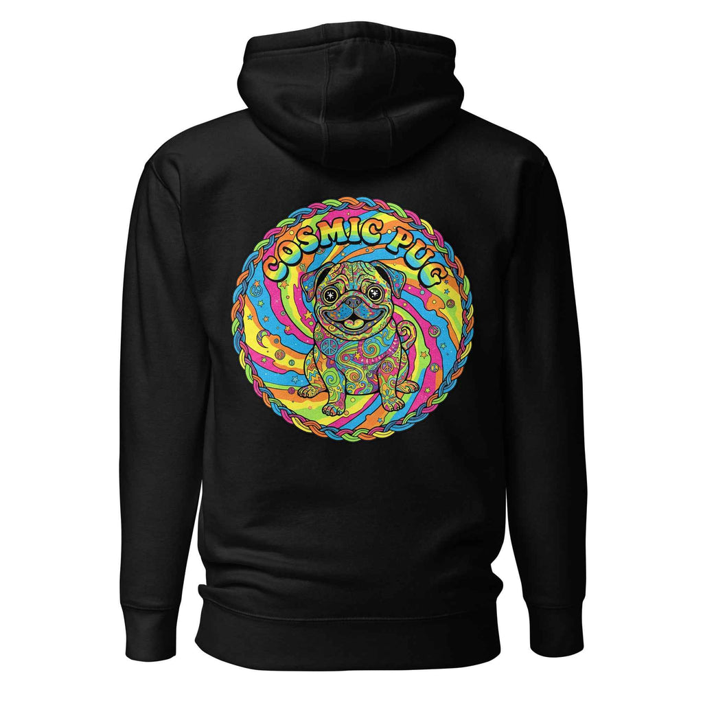 Black Cosmic Pug unisex hoodie by Leaky ts, made of cotton heritage material, featuring a cozy pullover design with a cosmic pug graphic on the back.