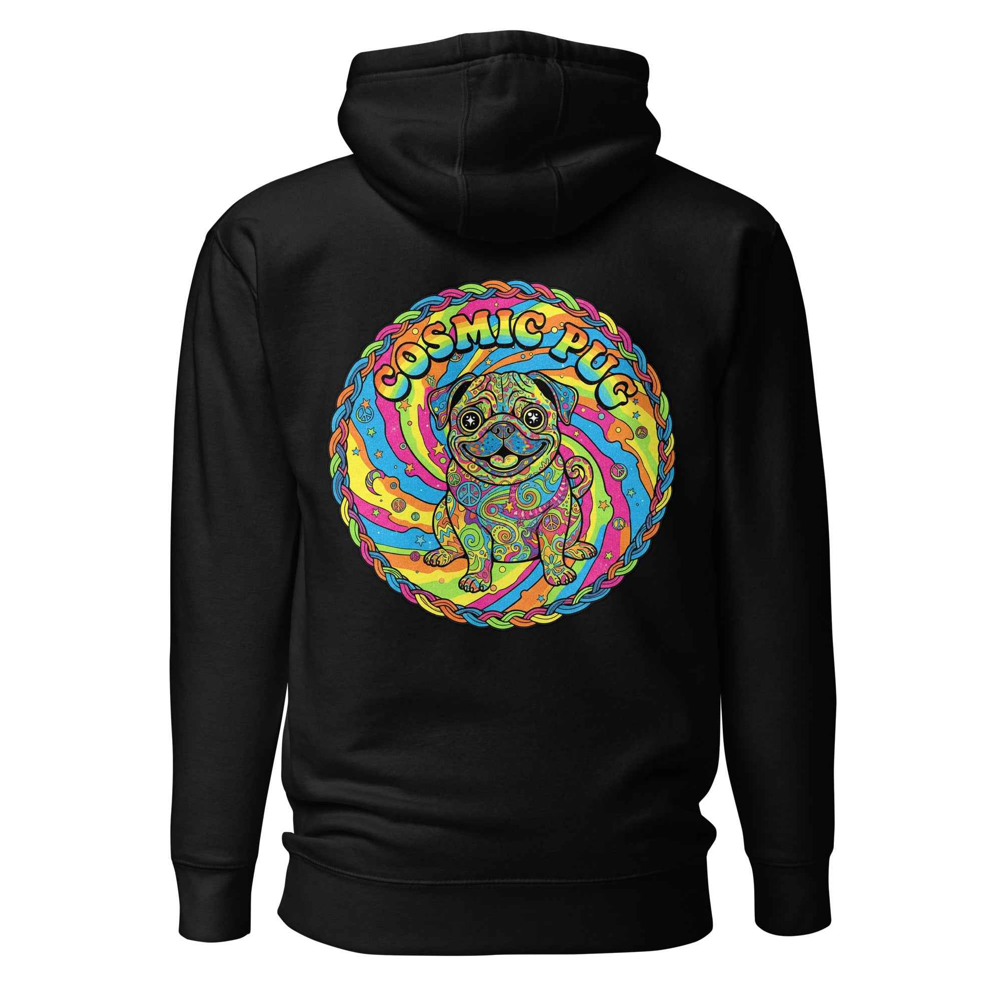 Black Cosmic Pug unisex hoodie by Leaky ts, made of cotton heritage material, featuring a cozy pullover design with a cosmic pug graphic on the back.