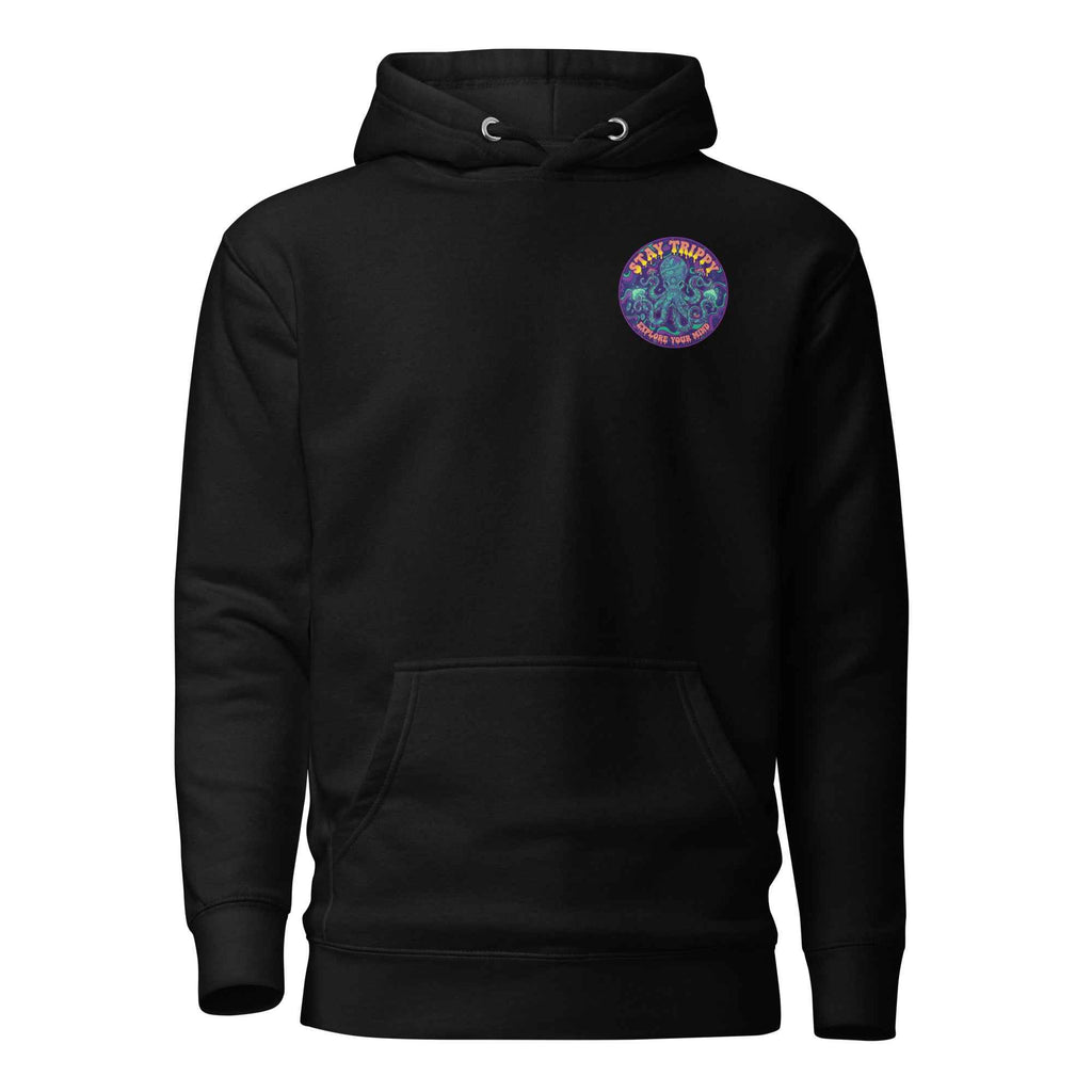 Black Leaky TS Stay Trippy Oct Unisex Hoodie made of cotton, featuring a front graphic design and comfortable pullover fit.