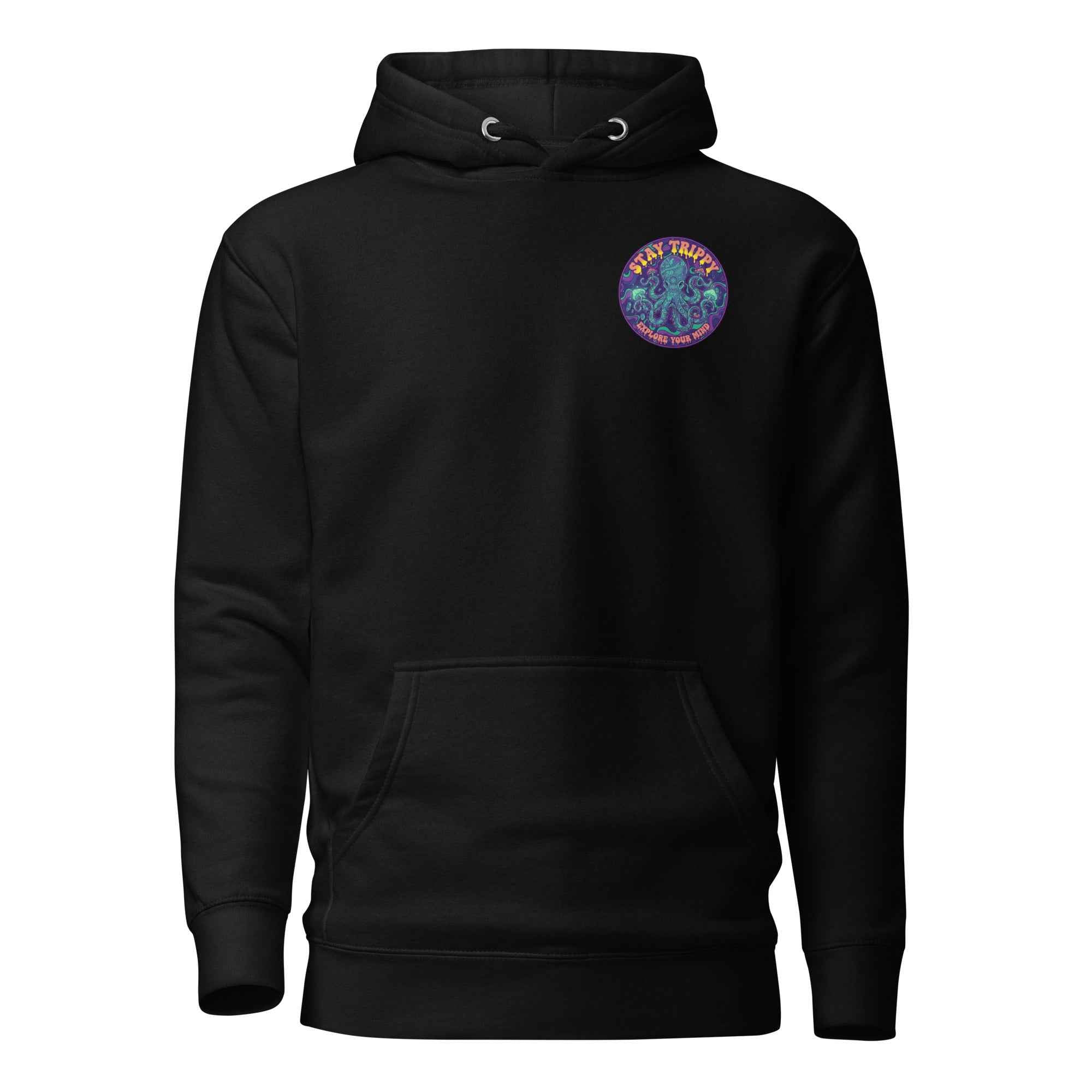 Black Leaky TS Stay Trippy Oct Unisex Hoodie made of cotton, featuring a front graphic design and comfortable pullover fit.