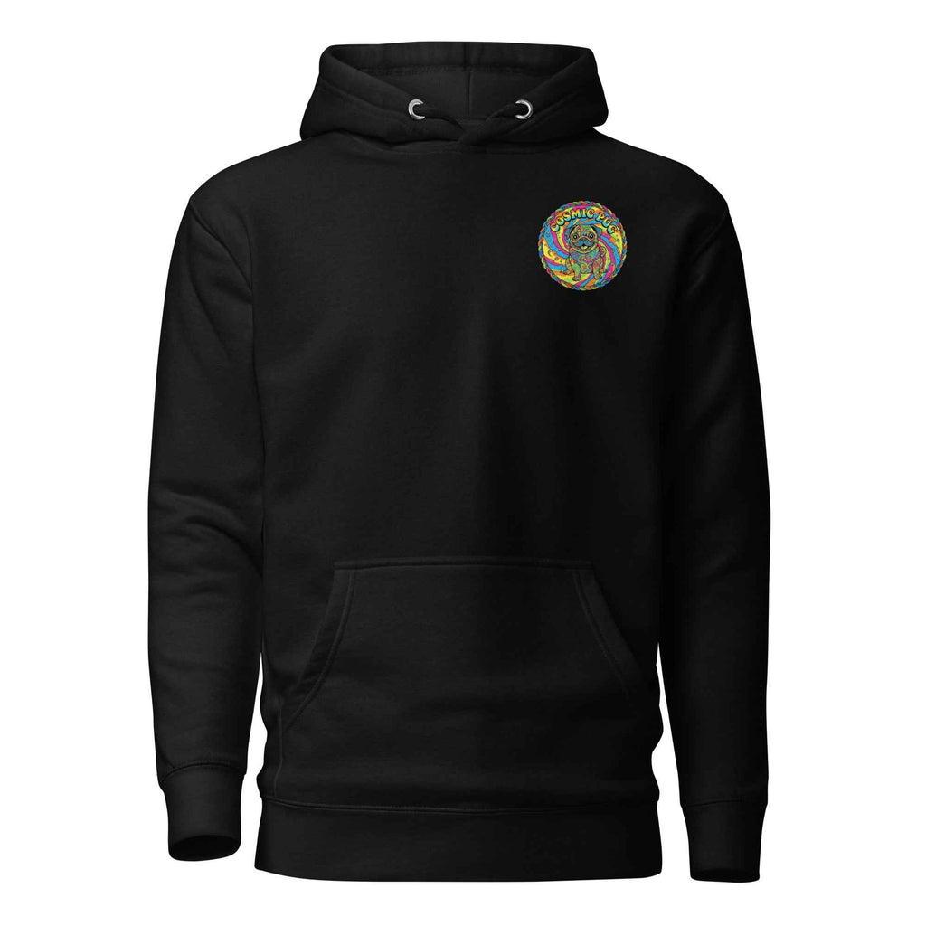 Black Cosmic Pug unisex hoodie by Leaky Ts featuring a cotton heritage material and a front graphic design.