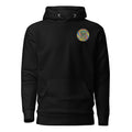 Black Cosmic Pug unisex hoodie by Leaky Ts featuring a cotton heritage material and a front graphic design.