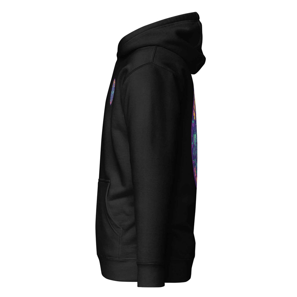 Leaky TS Stay Trippy Oct unisex hoodie in black made of cotton heritage fabric, featuring a relaxed pullover style and bold graphic design.