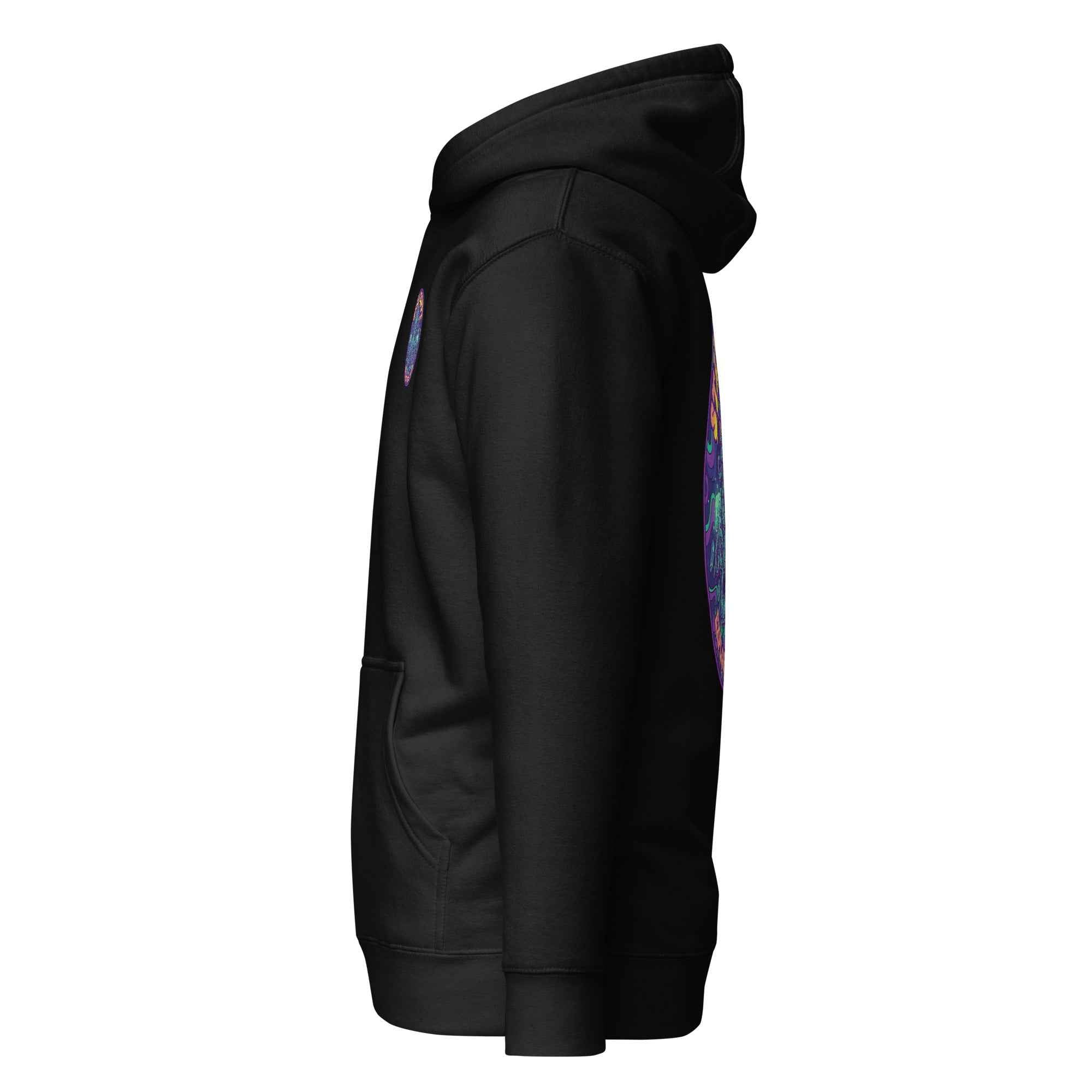 Leaky TS Stay Trippy Oct unisex hoodie in black made of cotton heritage fabric, featuring a relaxed pullover style and bold graphic design.