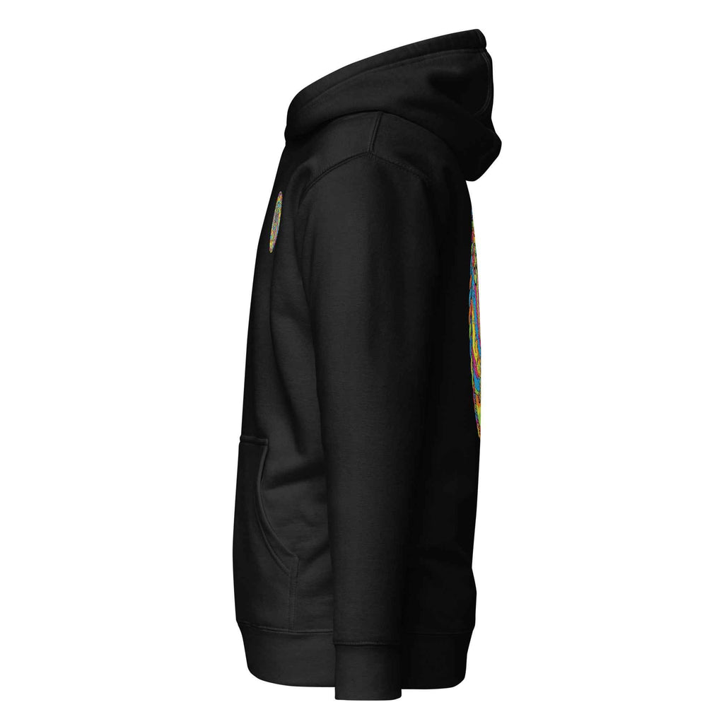 Black Cosmic Pug unisex hoodie by Leaky ts featuring a cotton heritage premium pullover design and pug graphic.