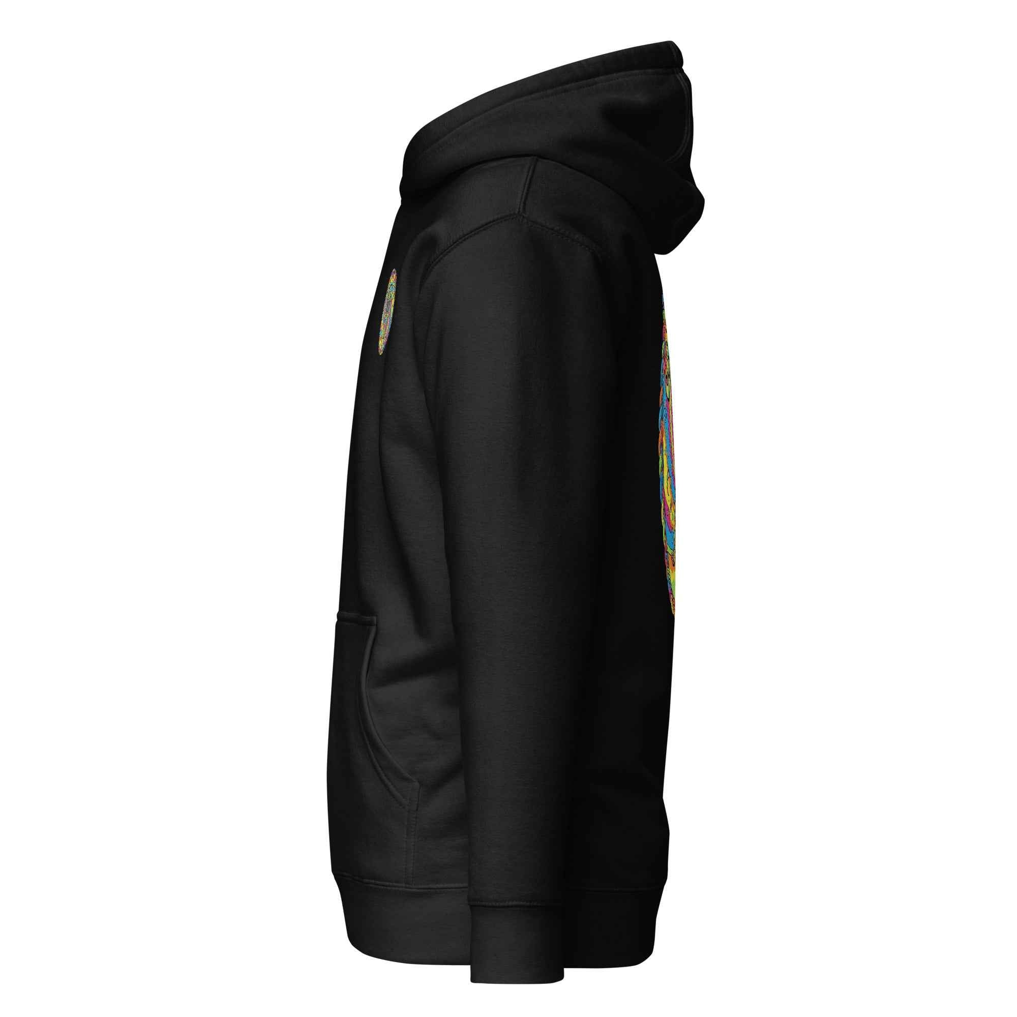 Black Cosmic Pug unisex hoodie by Leaky ts featuring a cotton heritage premium pullover design and pug graphic.