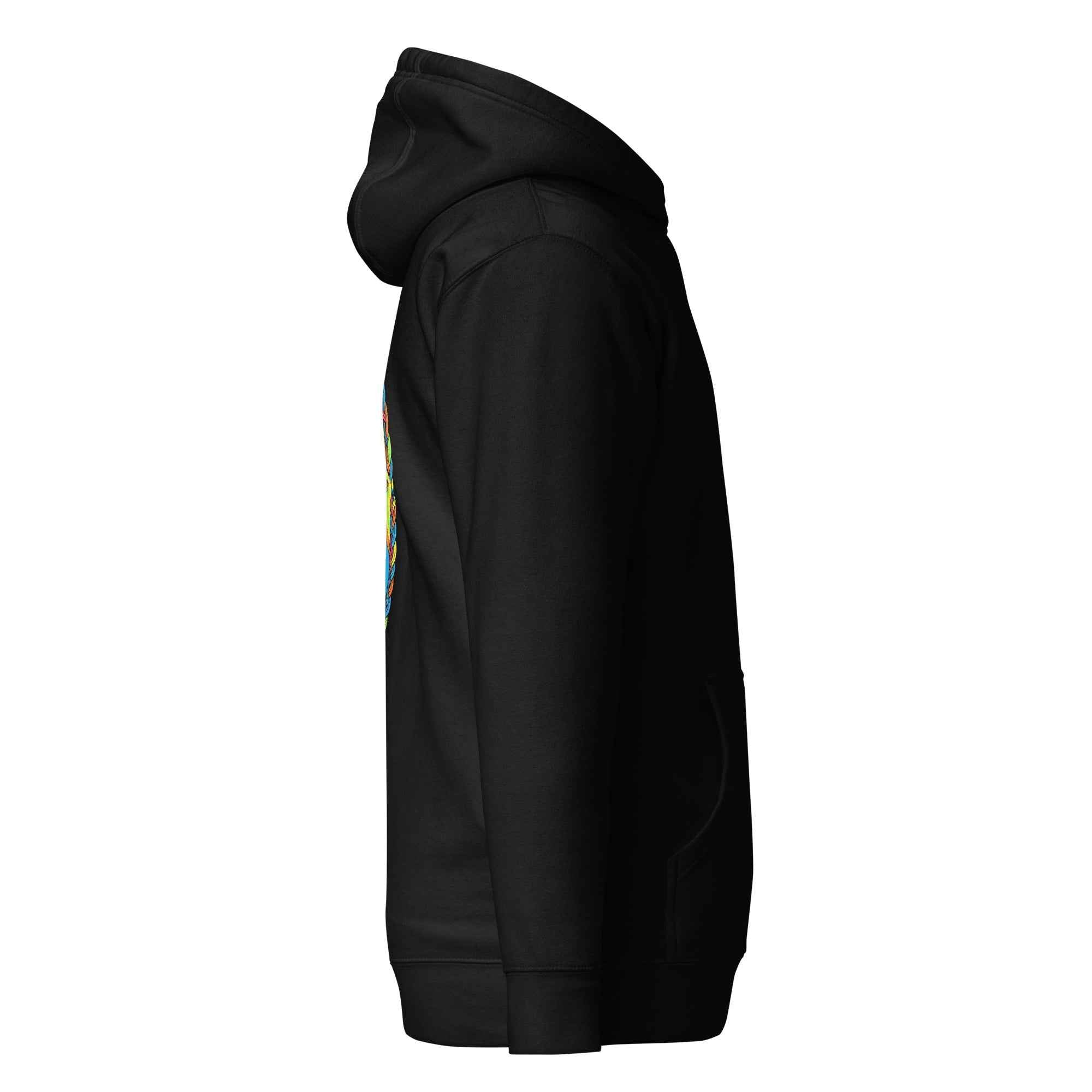 Black Cosmic Pug unisex hoodie by Leaky ts made of cotton, featuring a vibrant cosmic pug graphic on the front.