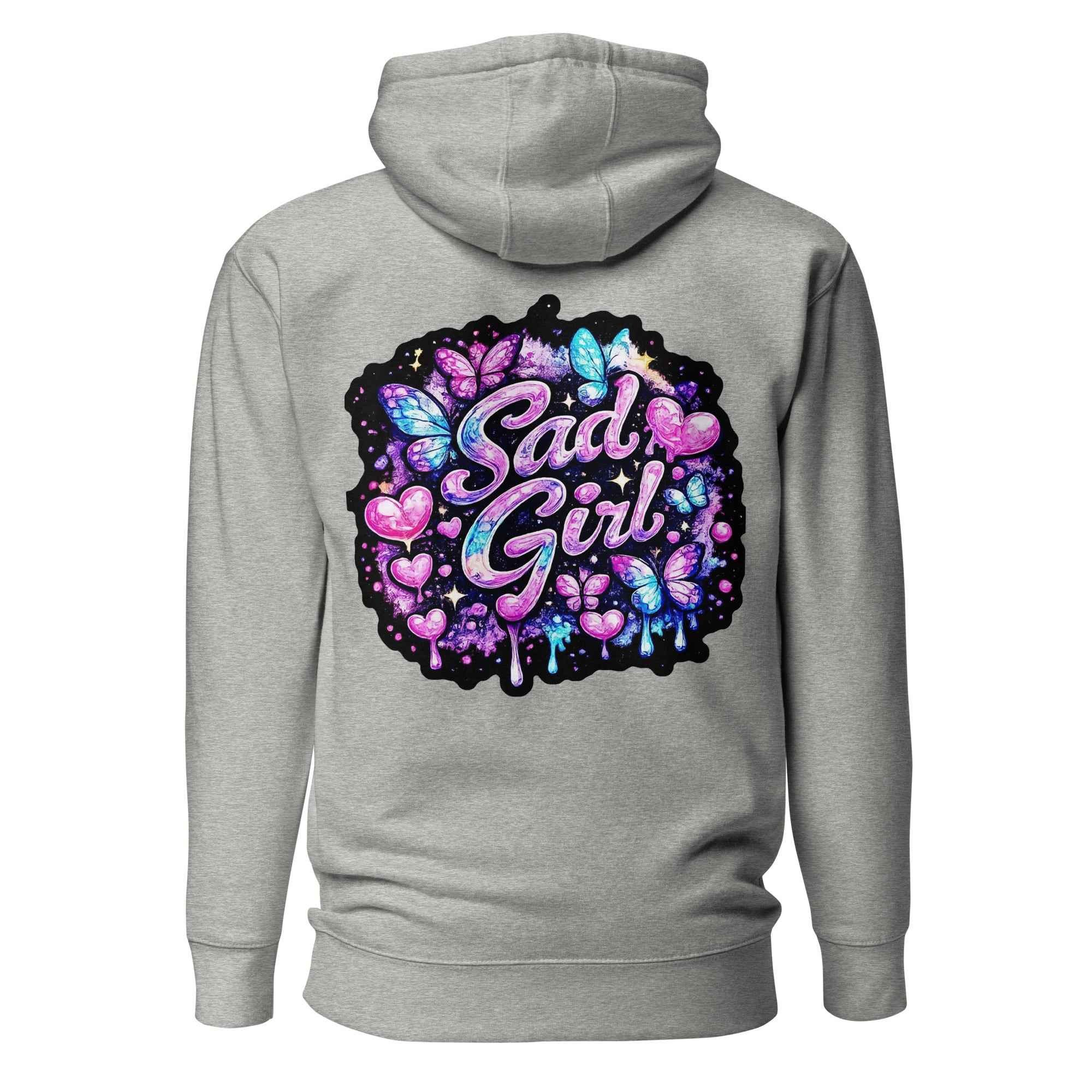 Sadgirl unisex hoodie by Leaky TS in premium cotton heritage fabric, shown in carbon grey with a back view.