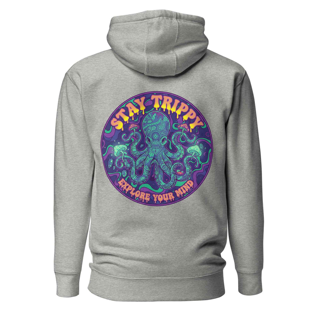 Leaky TS Stay Trippy Oct unisex hoodie in carbon grey, featuring a cotton heritage fabric and a bold graphic design on the back.