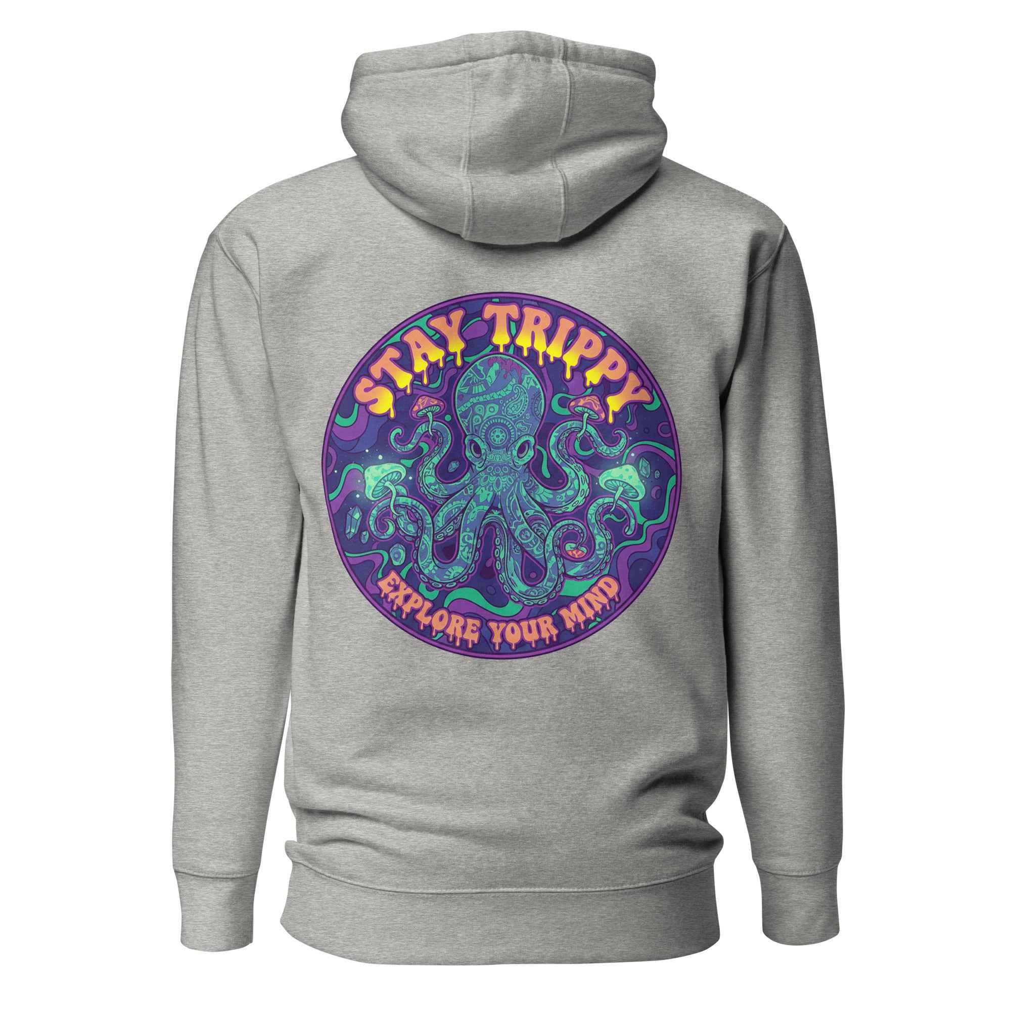Leaky TS Stay Trippy Oct unisex hoodie in carbon grey, featuring a cotton heritage fabric and a bold graphic design on the back.