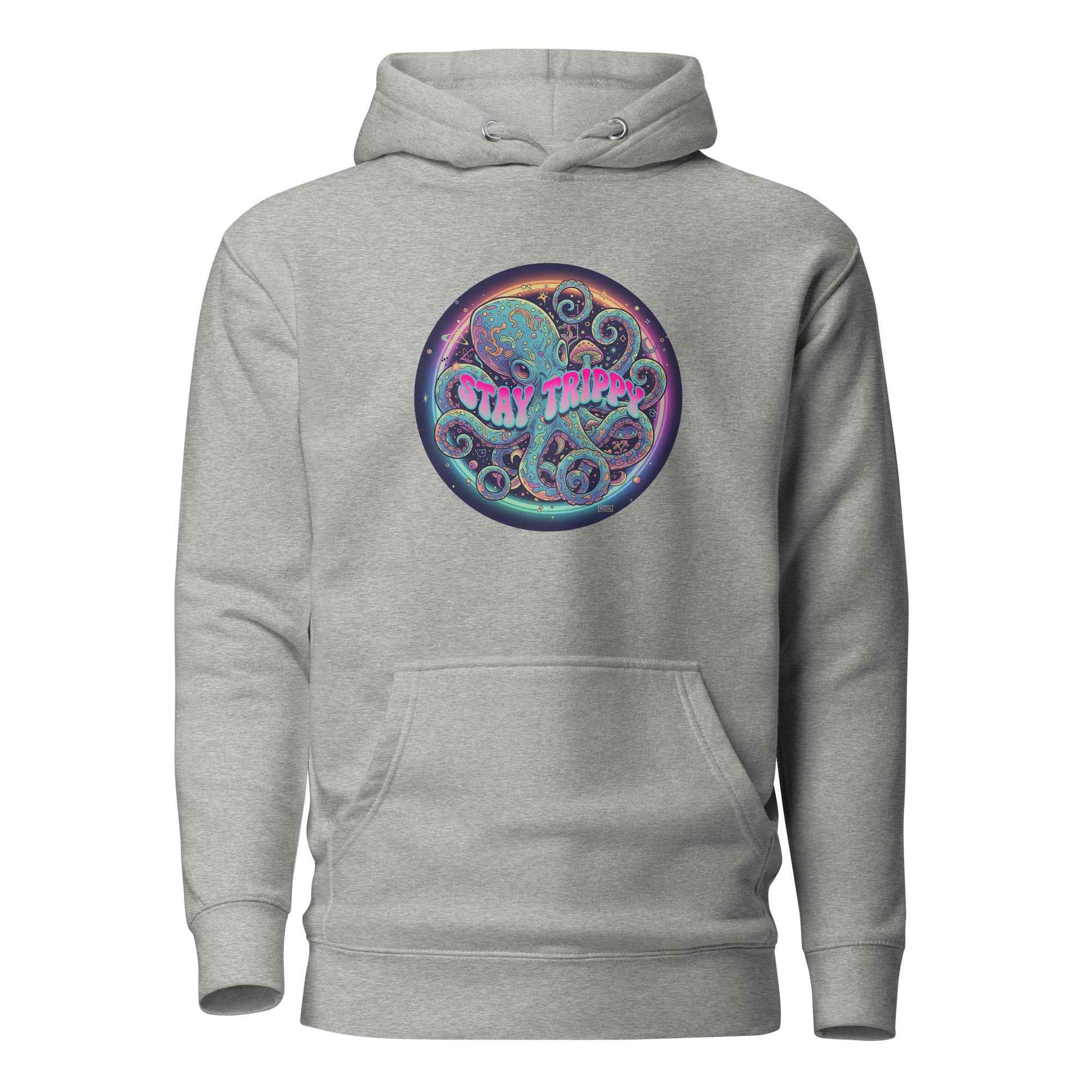 Leaky ts Stay Trippy unisex hoodie in carbon grey, made from cotton heritage, front view with casual fit and soft fabric.