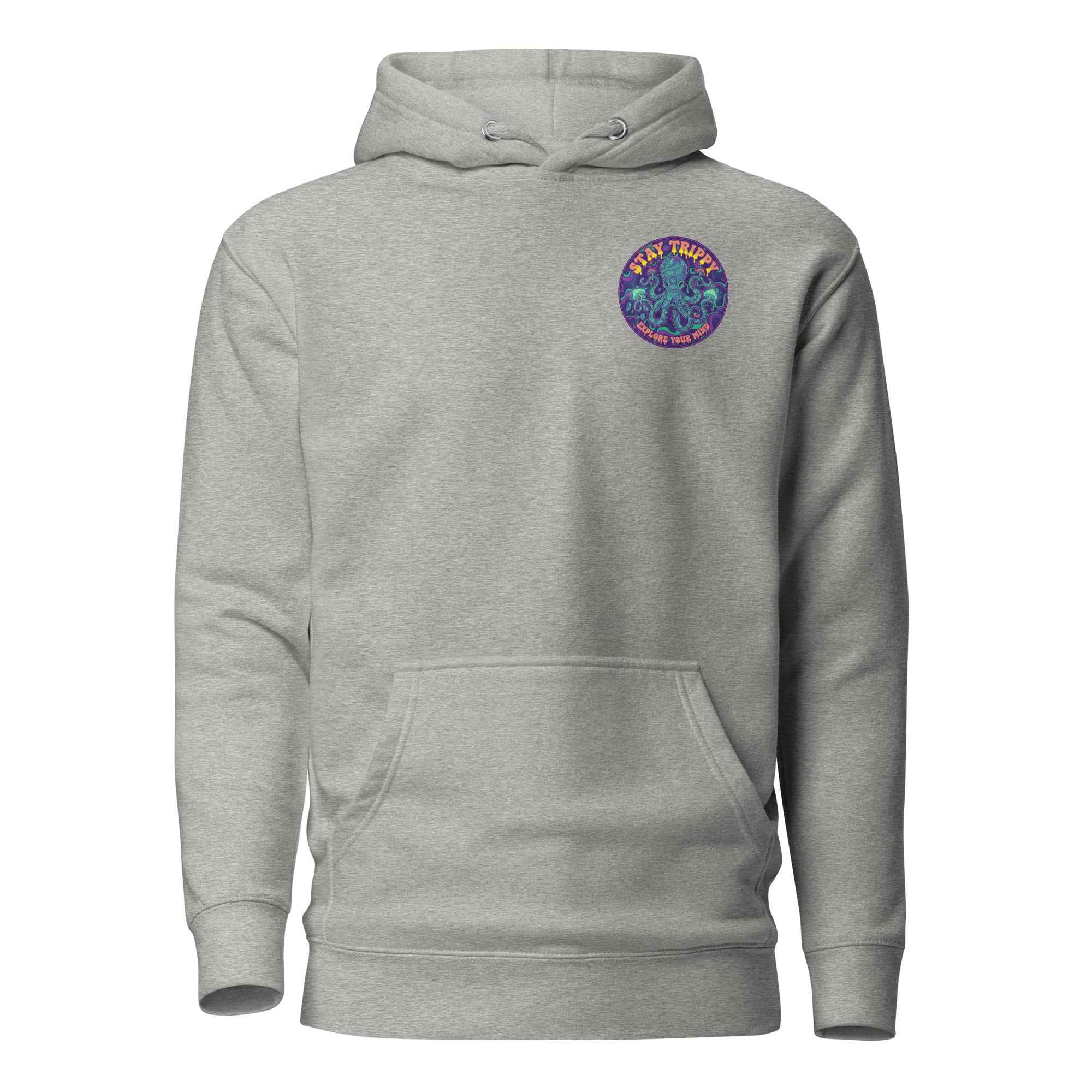 Leaky TS Stay Trippy Oct Unisex Hoodie in carbon grey with bold graphic design on front, cotton heritage premium pullover style.
