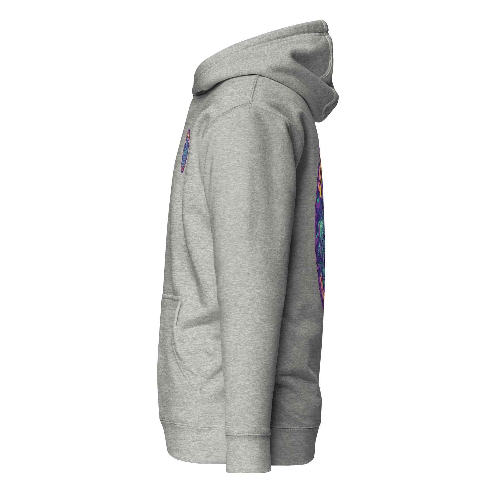 Leaky TS Stay Trippy Oct unisex hoodie in cotton heritage fabric, carbon grey with printed design, premium pullover style.
