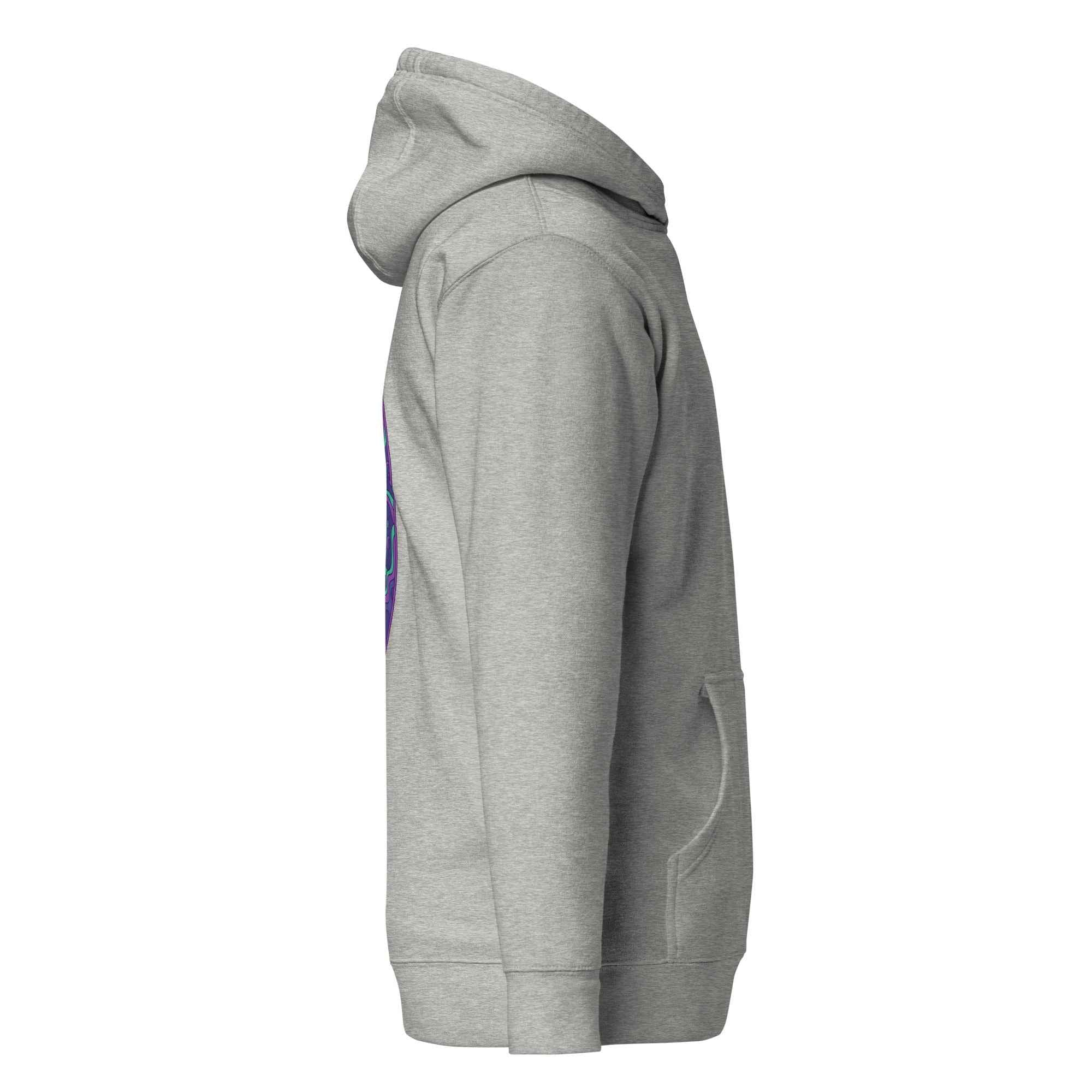 Leaky TS Stay Trippy Oct unisex hoodie in carbon grey, made of cotton heritage fabric with a relaxed fit and detailed design.