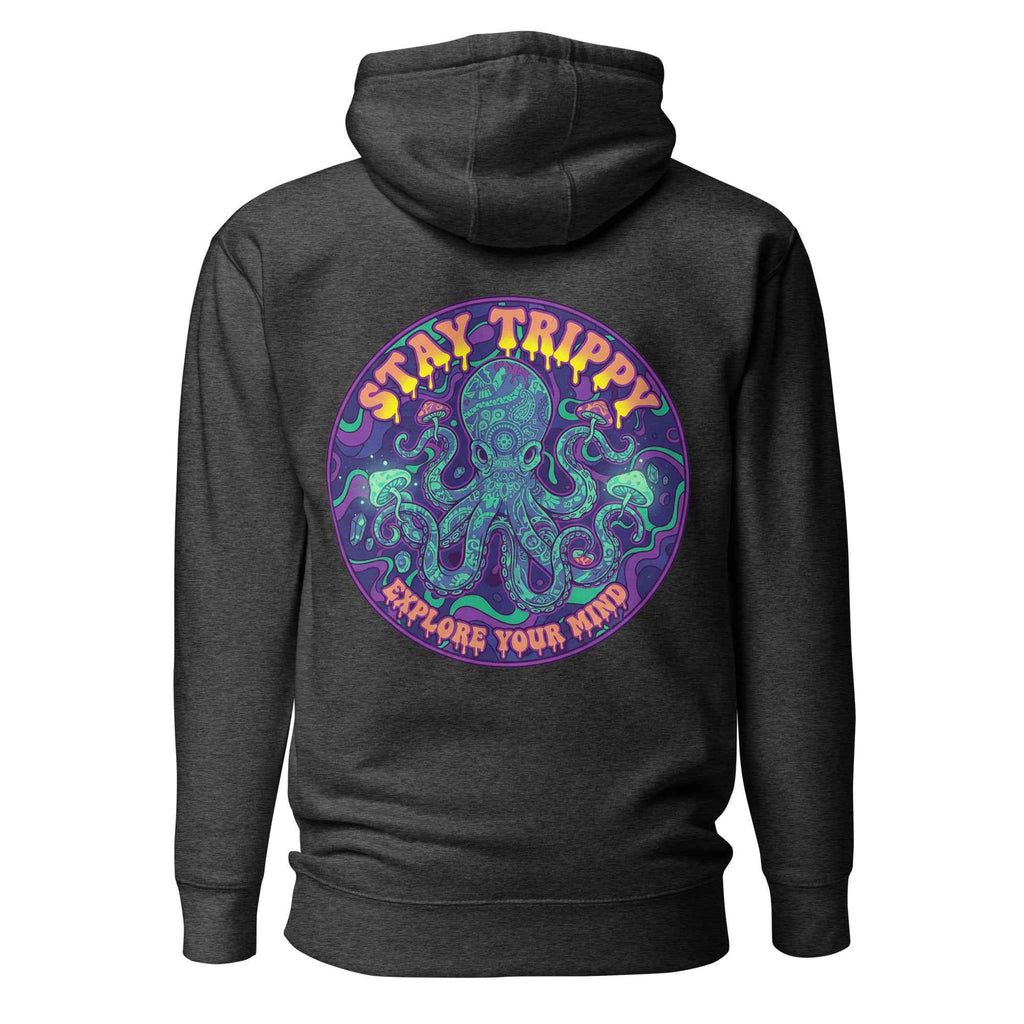 Leaky ts Stay Trippy Oct Unisex Hoodie in charcoal heather, made of soft cotton, featuring a vibrant trippy octopus design on the back.