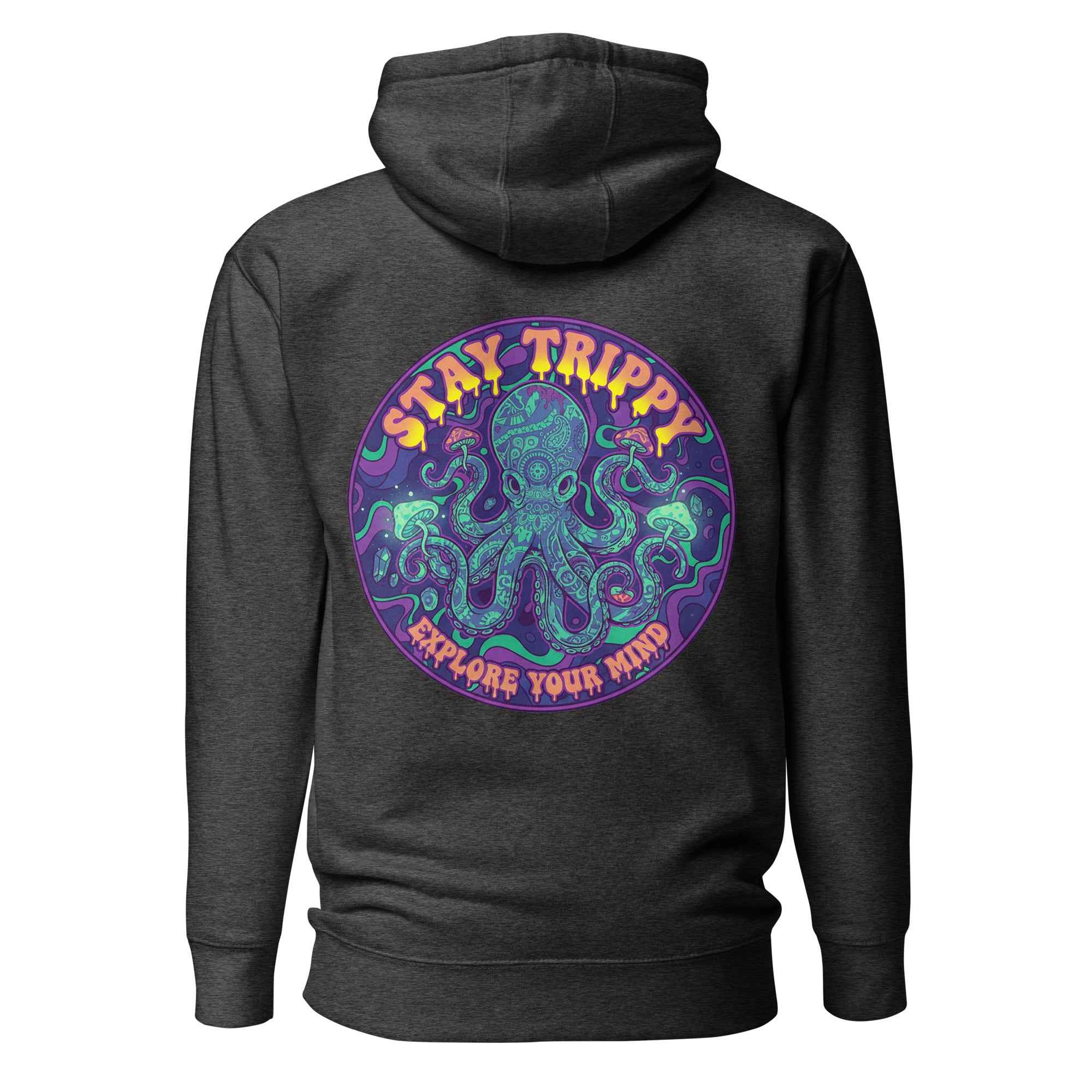 Leaky ts Stay Trippy Oct Unisex Hoodie in charcoal heather, made of soft cotton, featuring a vibrant trippy octopus design on the back.