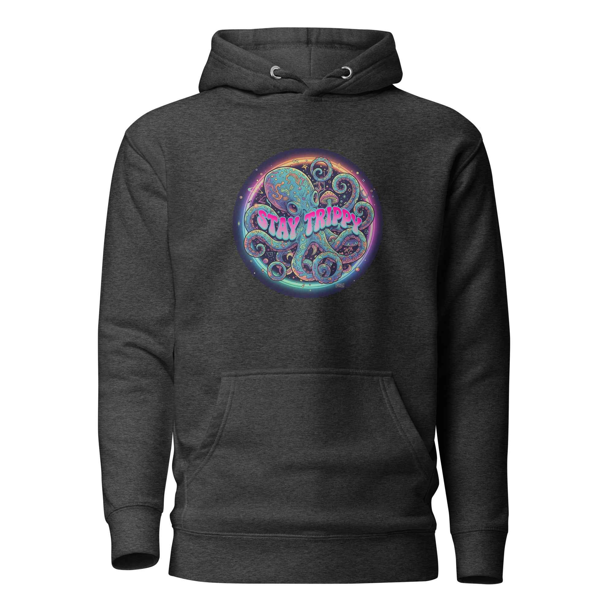 Leaky TS Stay Trippy unisex hoodie in charcoal heather, featuring a comfortable cotton heritage pullover design.