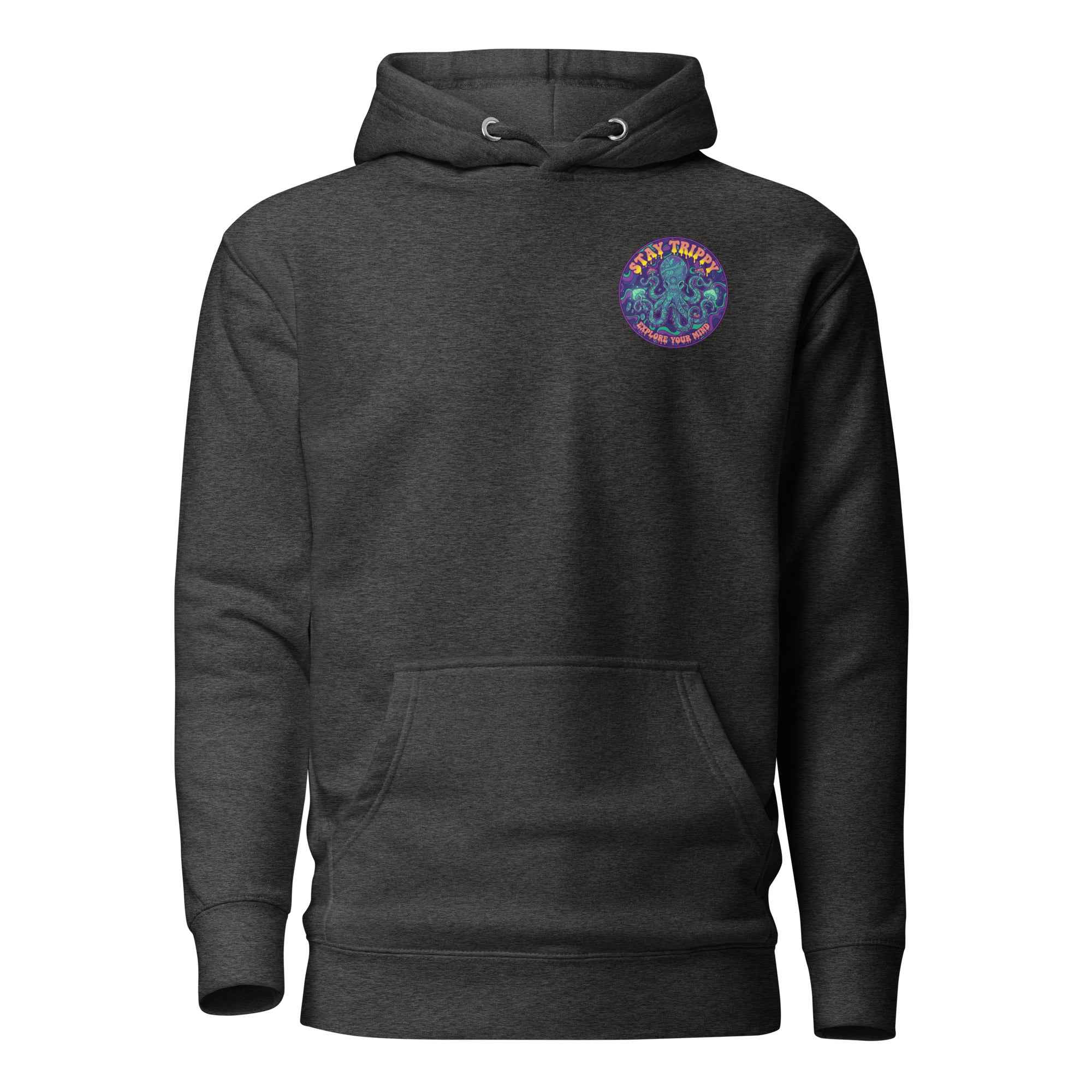 Leaky ts Stay Trippy Oct unisex hoodie in charcoal heather, featuring a cotton heritage premium pullover design and graphic front.