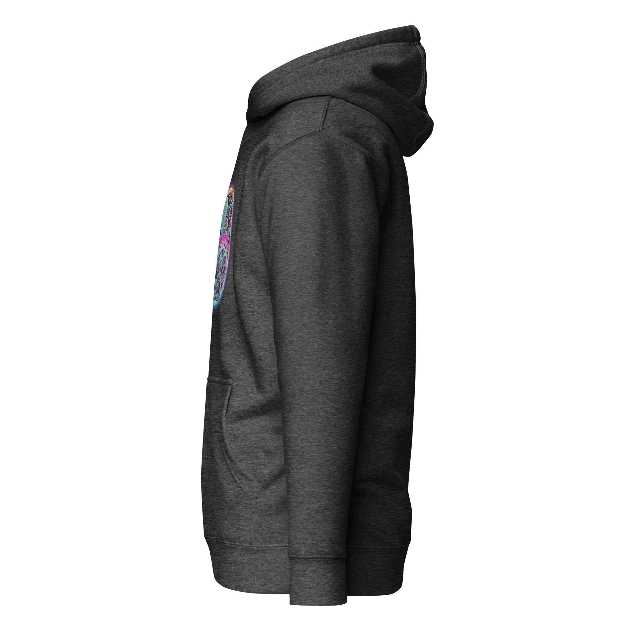 Unisex charcoal Heather cotton hoodie by Leaky Ts with "Stay Trippy" graphic, premium pullover style, casual and comfortable fit
