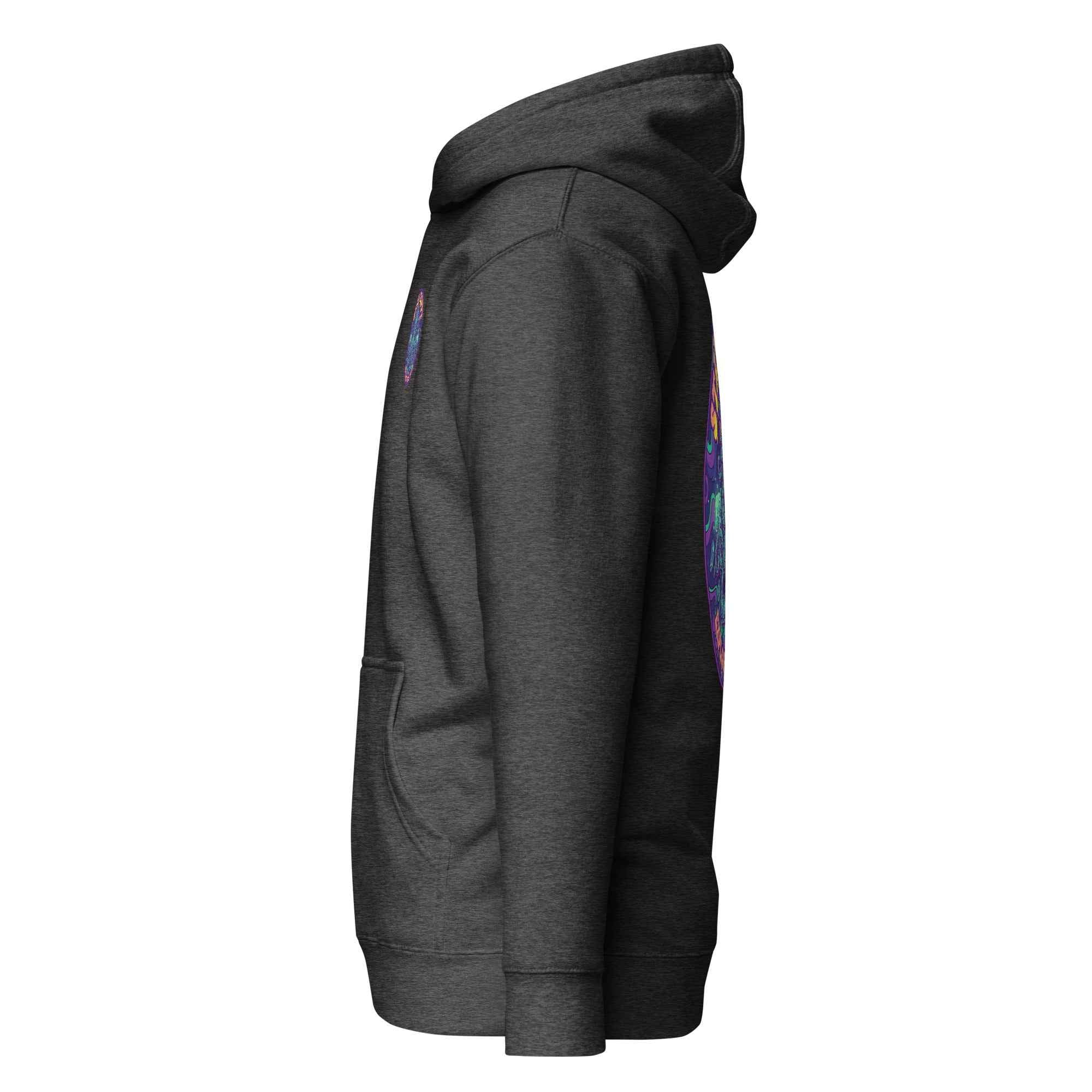 Leaky TS Stay Trippy oct unisex hoodie in charcoal heather with cotton heritage fabric and relaxed fit.