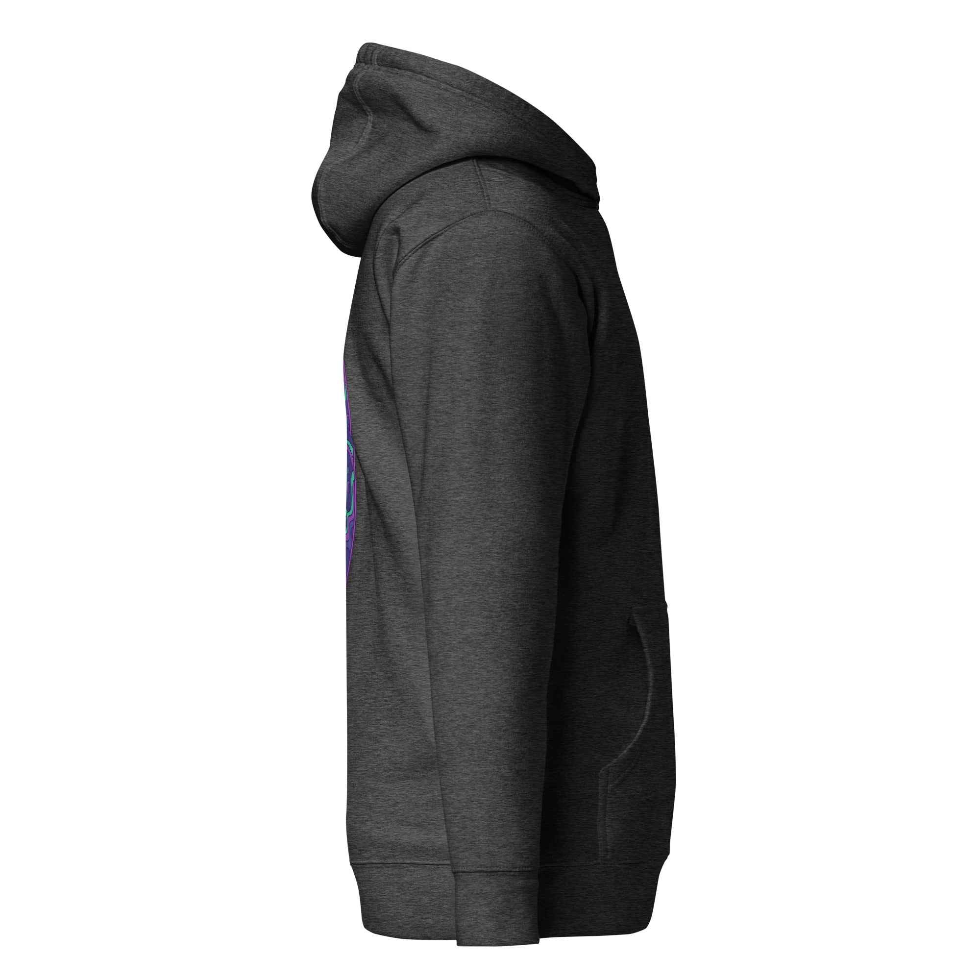 Leaky ts Stay Trippy Oct unisex hoodie in charcoal heather, made of cotton heritage, featuring a colorful trippy octopus design.