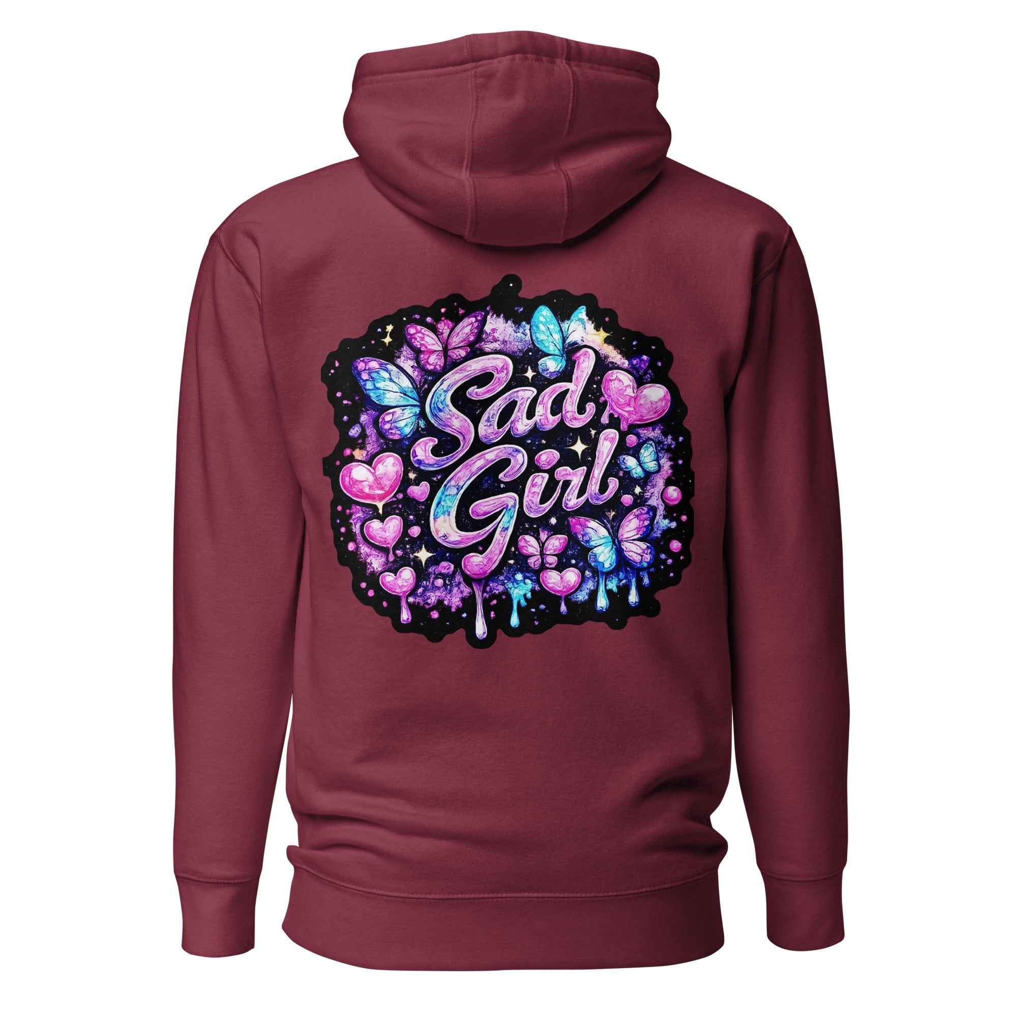 Maroon Sadgirl Unisex Hoodie by Leaky TS, premium cotton heritage pullover with back design, comfortable and stylish unisex hoodie