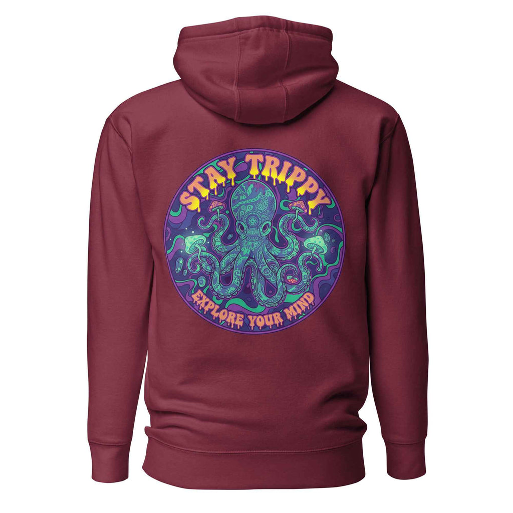 Maroon Leaky TS Stay Trippy Oct unisex hoodie made of cotton heritage fabric, featuring a relaxed fit and graphic design on the back.