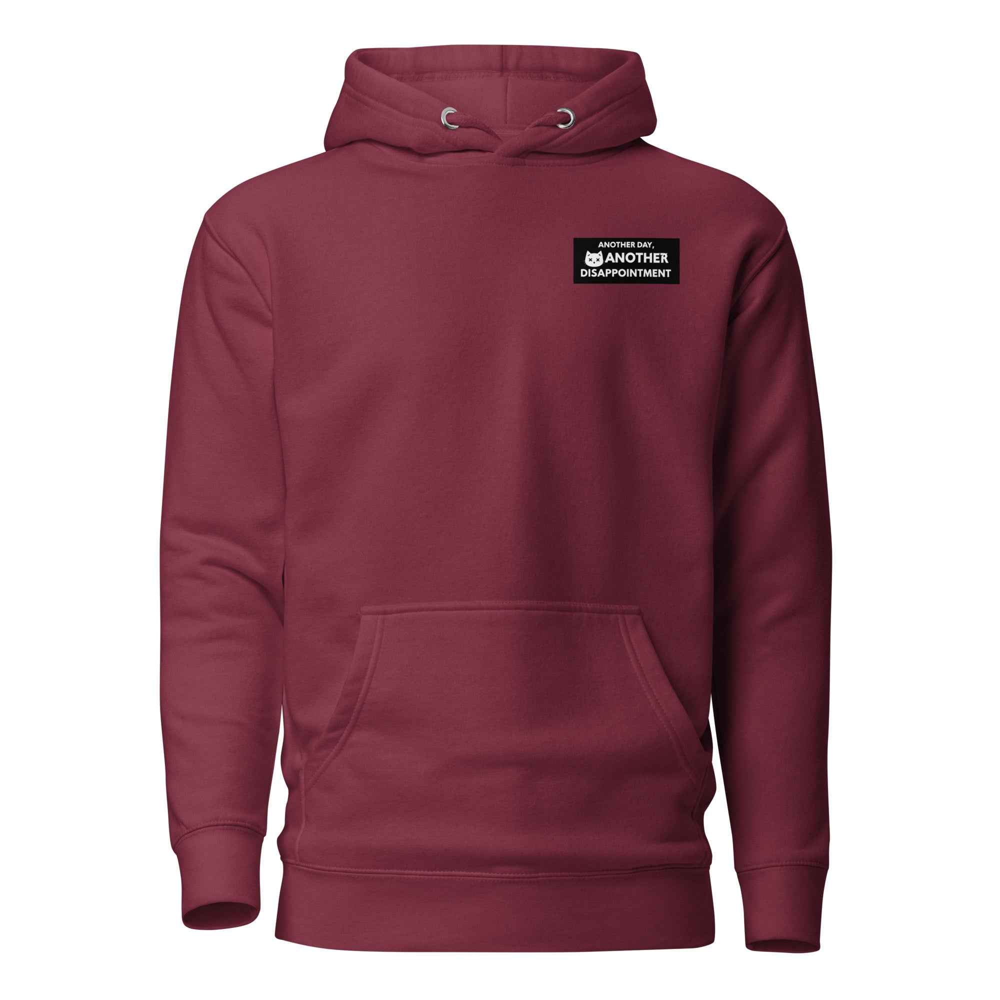 Maroon Sadgirl unisex hoodie by Leaky ts featuring a cotton heritage premium pullover design, front view.