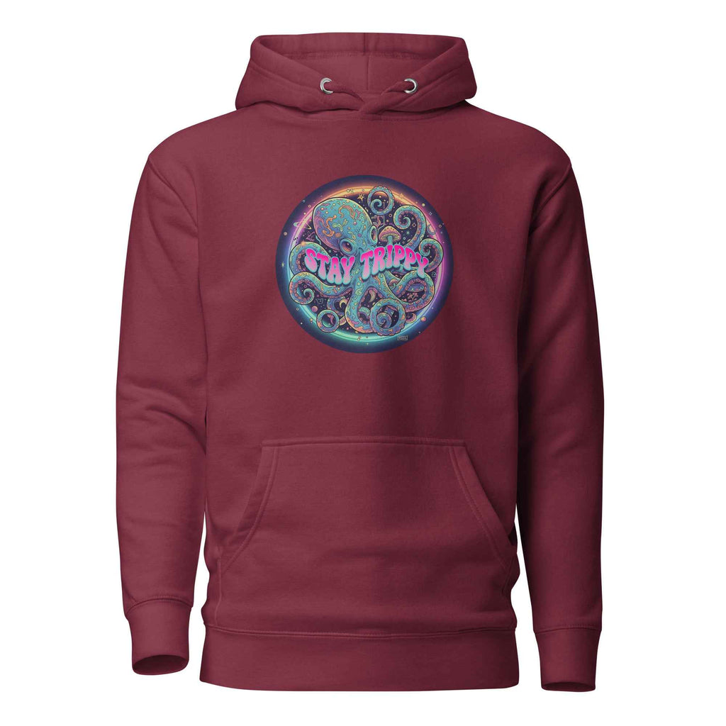 Maroon Stay Trippy Unisex Hoodie by Leaky Ts featuring a comfortable cotton heritage pullover with a front design.