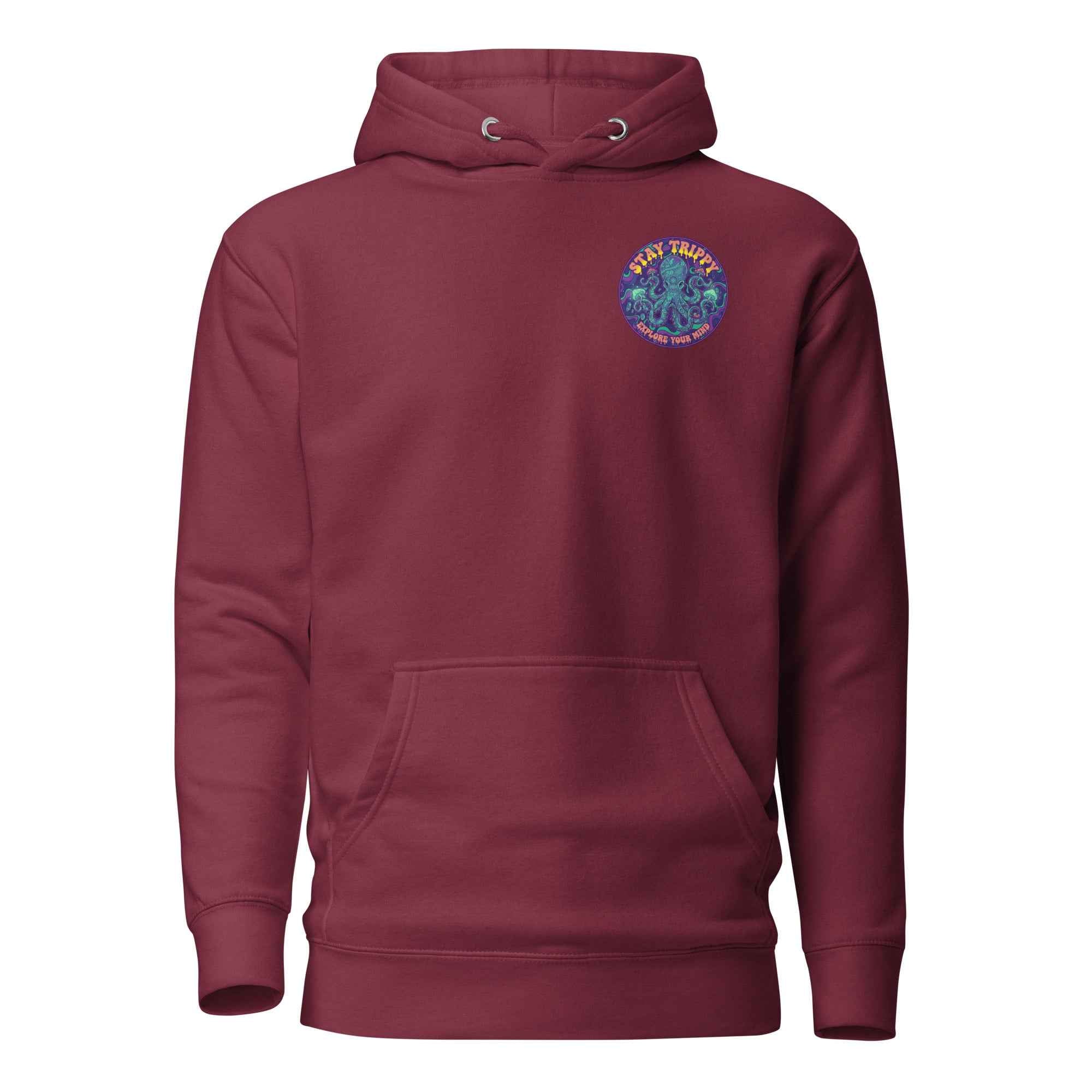 Maroon Leaky TS Stay Trippy Oct Unisex Hoodie made of cotton heritage fabric with a front graphic design.