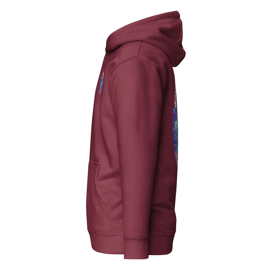 Maroon Leaky TS Stay Trippy Oct unisex hoodie made of cotton heritage fabric with a relaxed fit and graphic design.