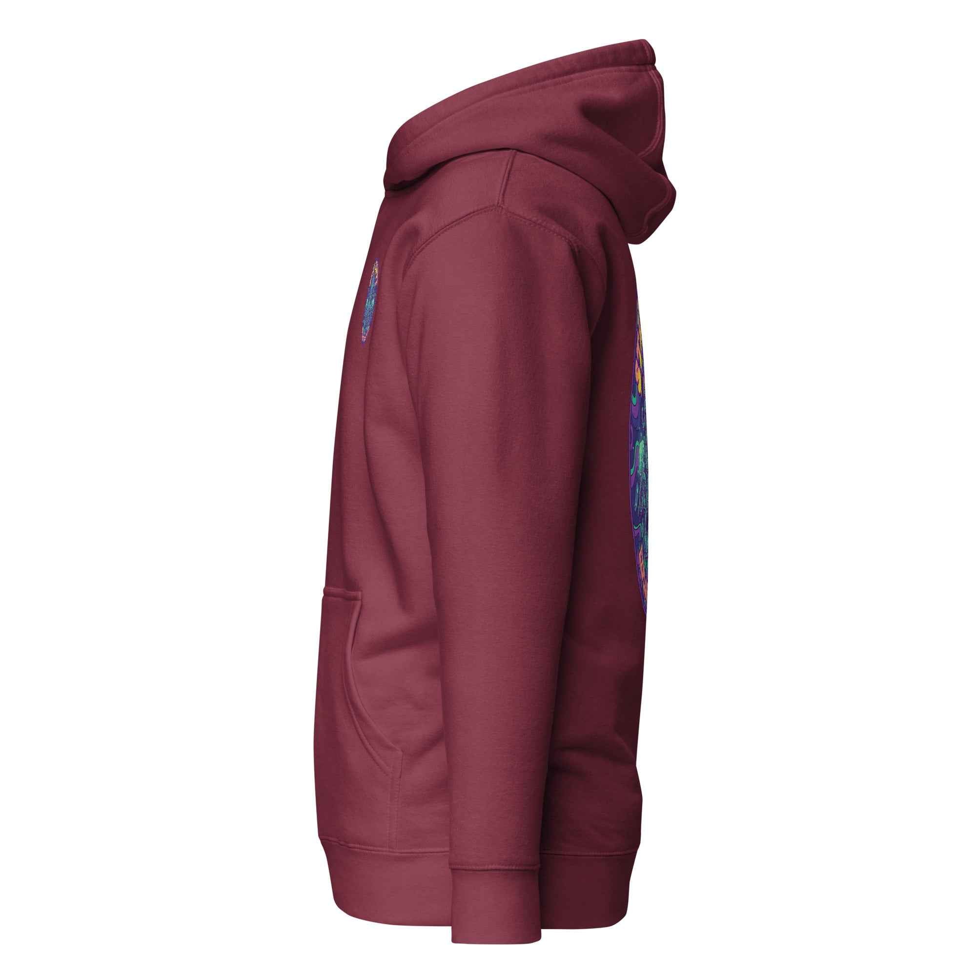 Maroon Leaky TS Stay Trippy Oct unisex hoodie made of cotton heritage fabric with a relaxed fit and graphic design.