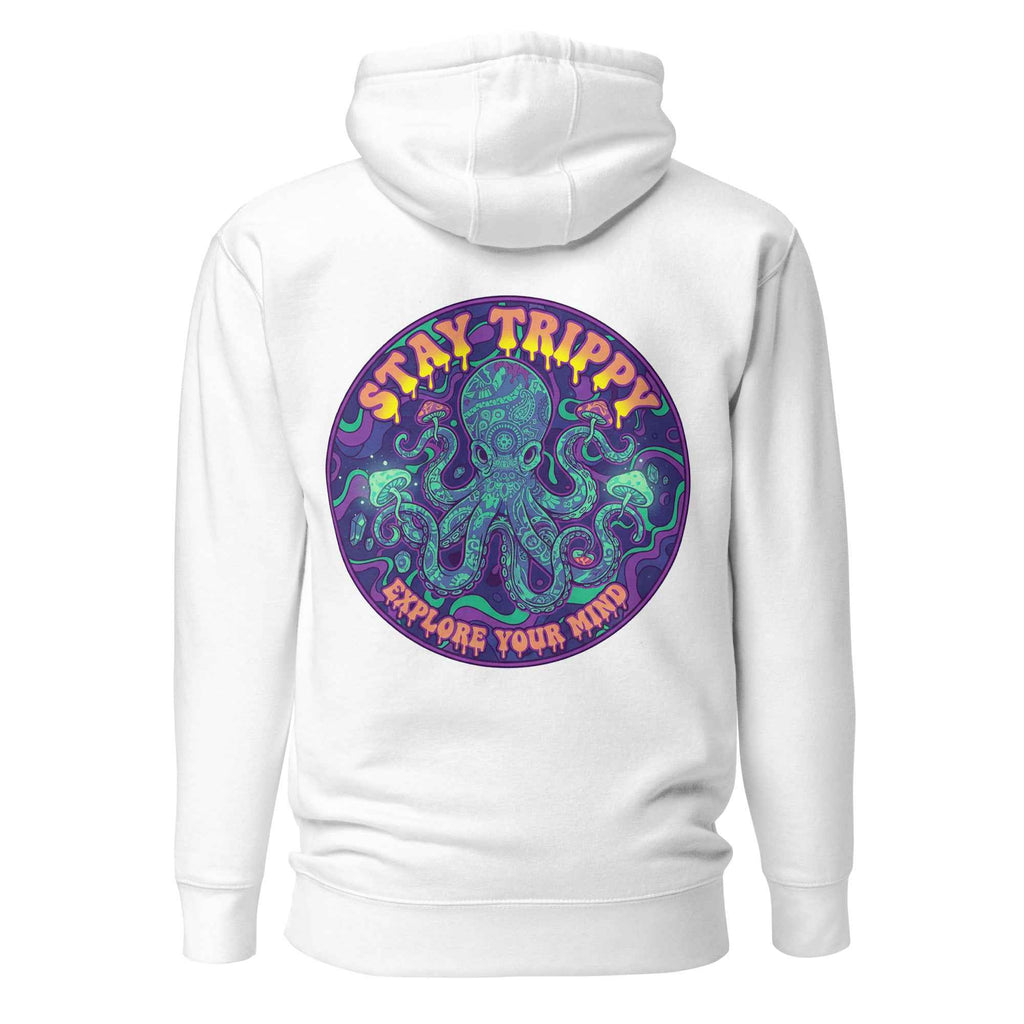 White unisex cotton hoodie from Leaky TS featuring "Stay Trippy" oct design on the back.
