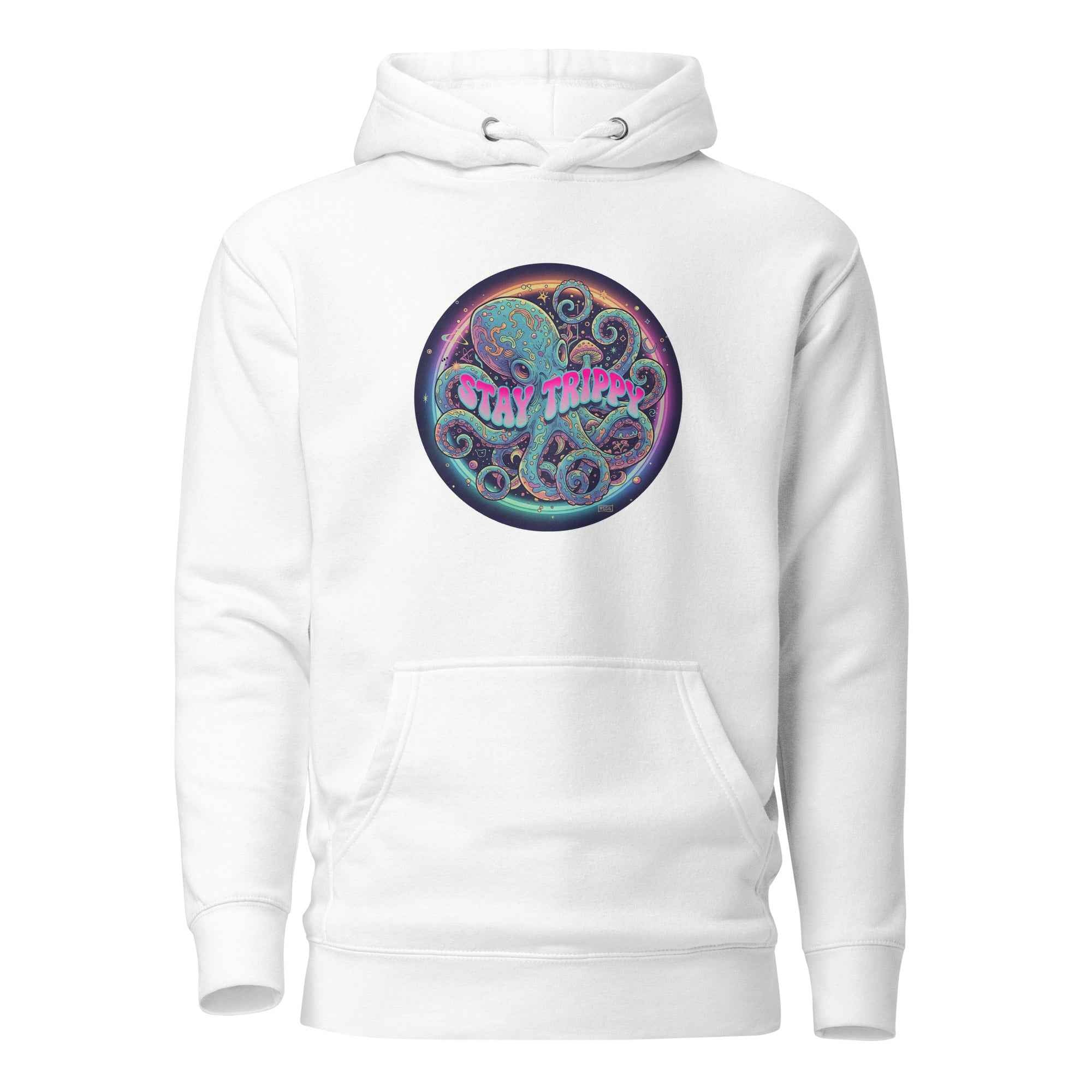 White Stay Trippy Unisex Hoodie by Leaky TS, premium cotton pullover with front design, casual and comfortable fit.