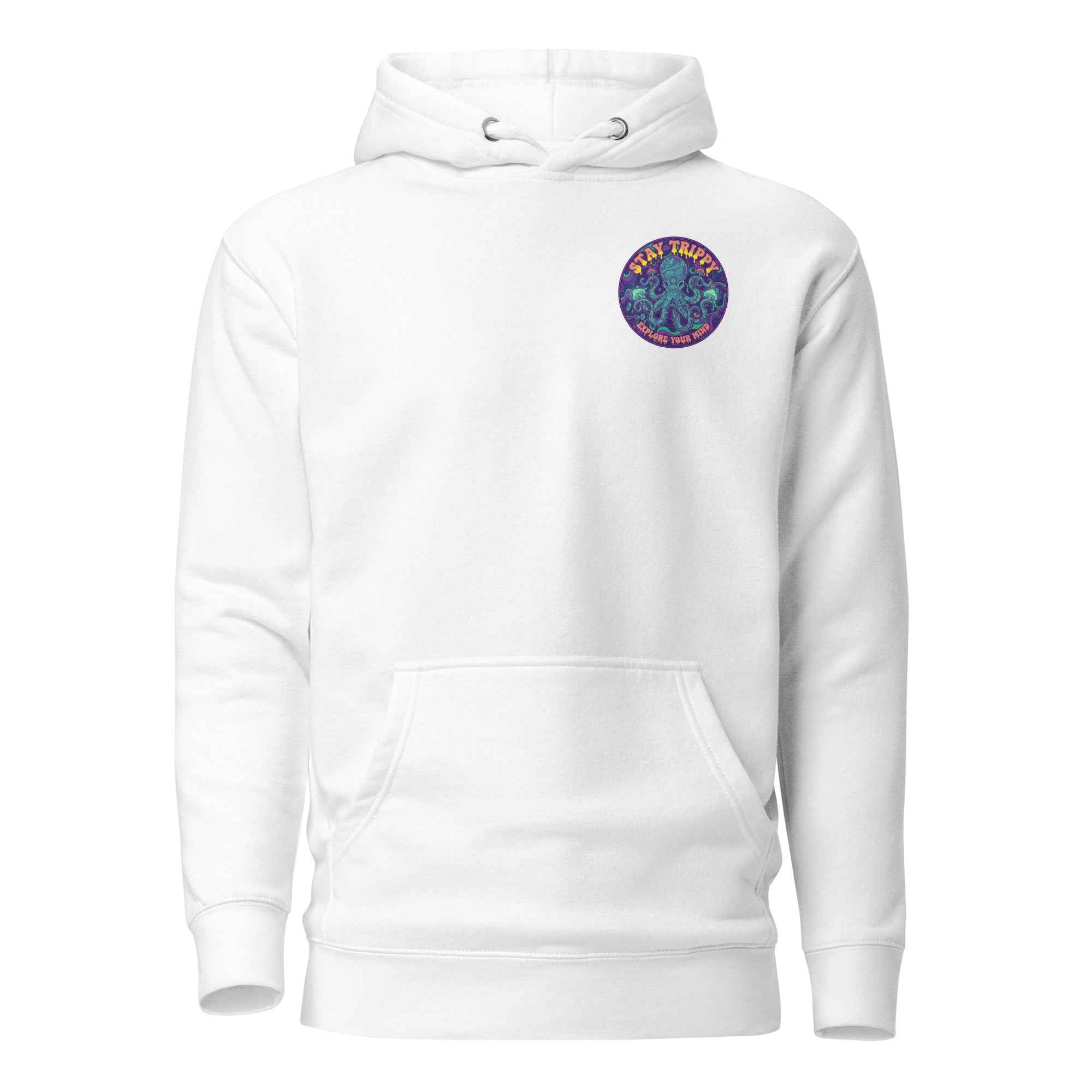 White Leaky TS Stay Trippy Oct unisex hoodie with bold graphic design on front, made from cotton heritage fabric.