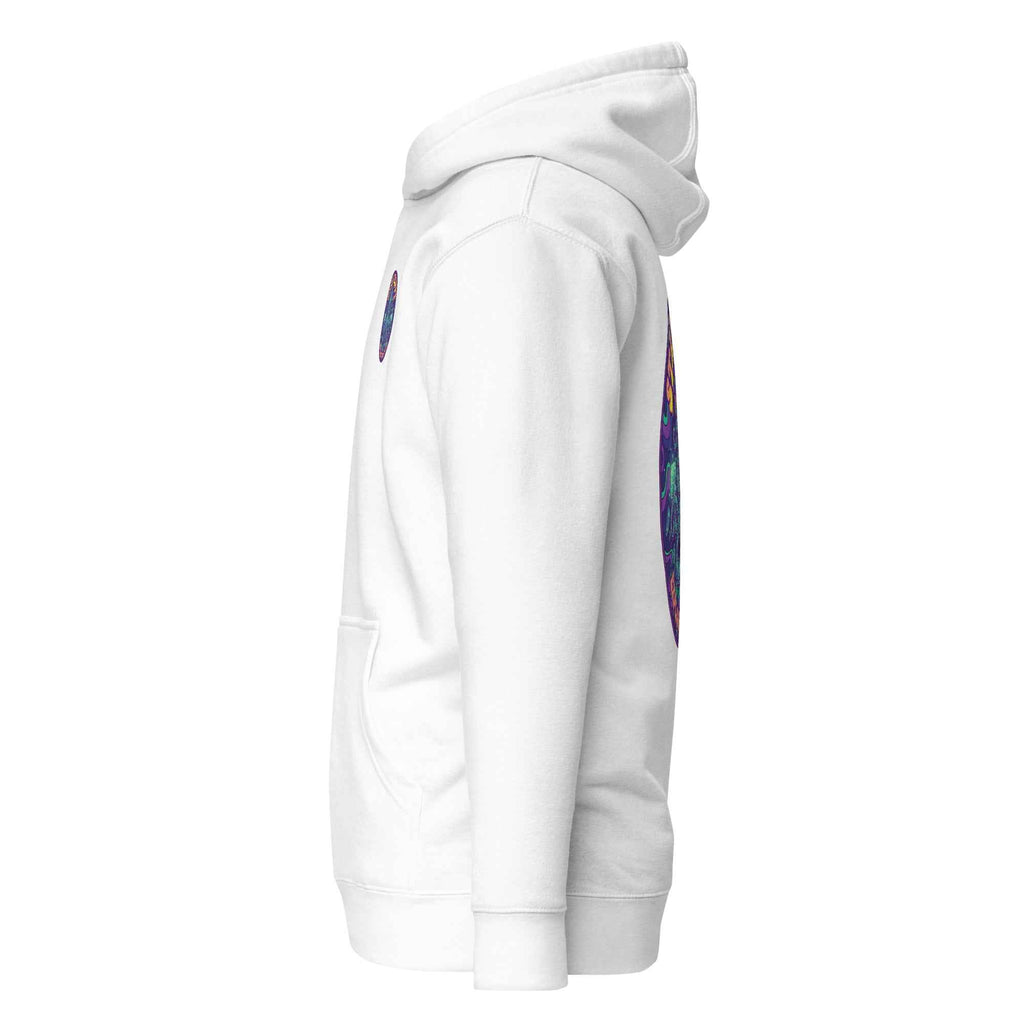 White Leaky TS Stay Trippy Oct unisex hoodie made from cotton heritage fabric, featuring a relaxed fit and vibrant graphic design.