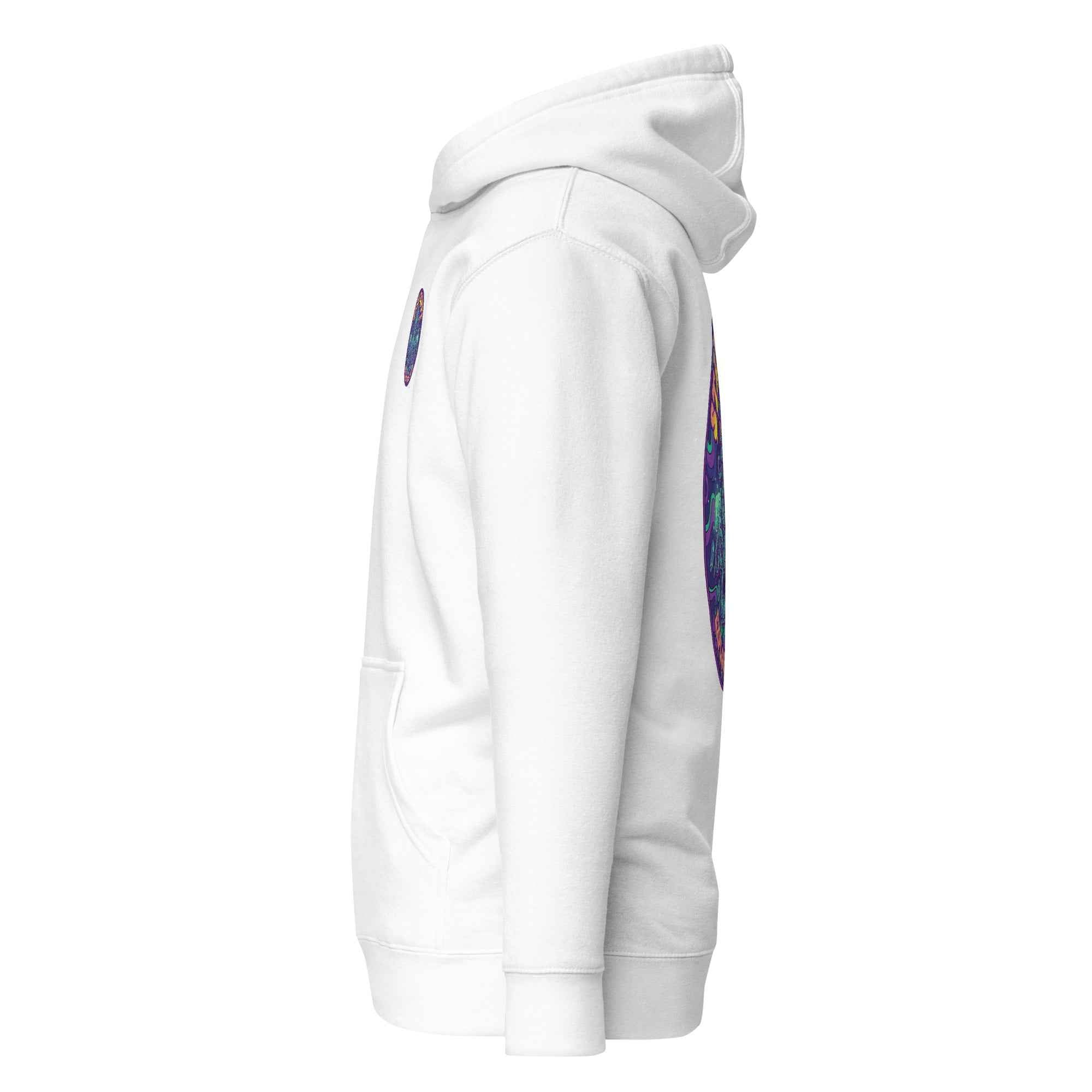 White Leaky TS Stay Trippy Oct unisex hoodie made from cotton heritage fabric, featuring a relaxed fit and vibrant graphic design.