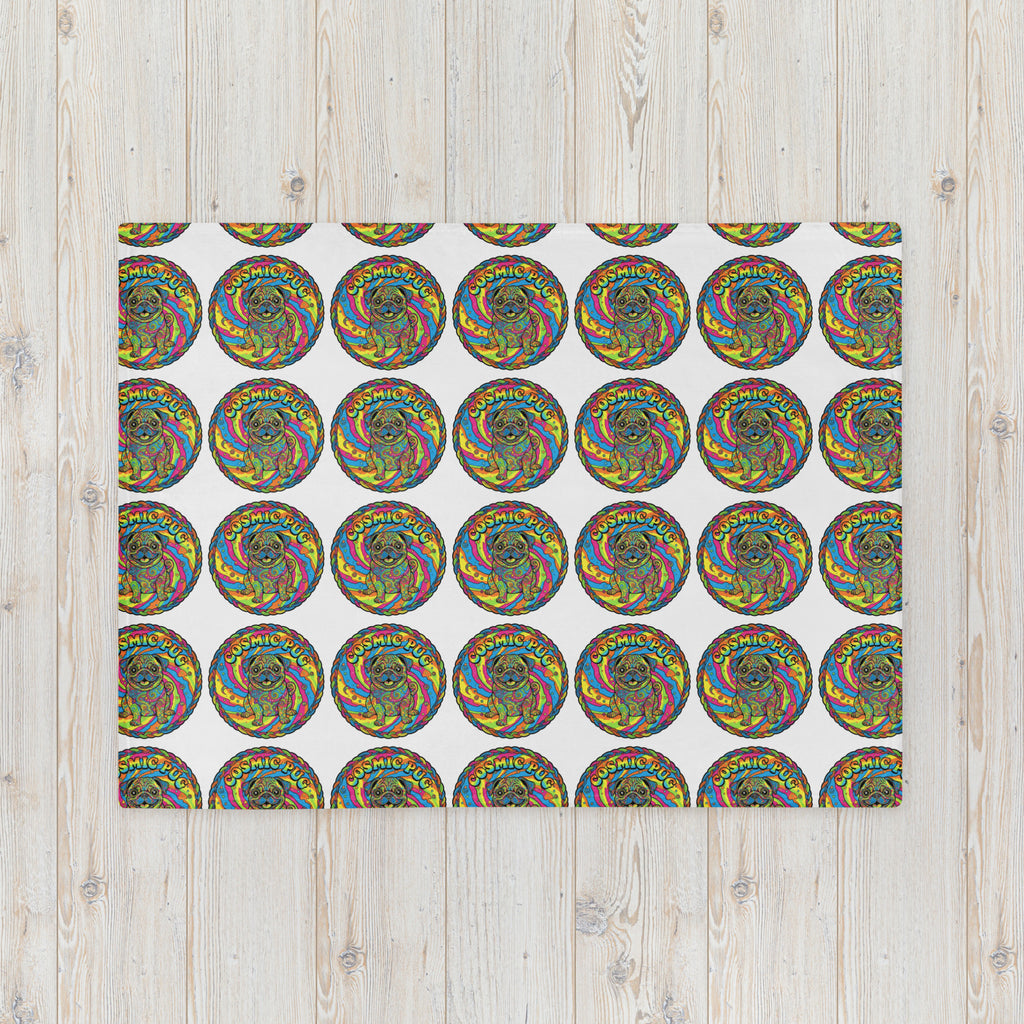 Leaky ts Cosmic Pug Throw Blanket featuring a colorful pug design, 30x40 inches, soft and cozy for home decor.