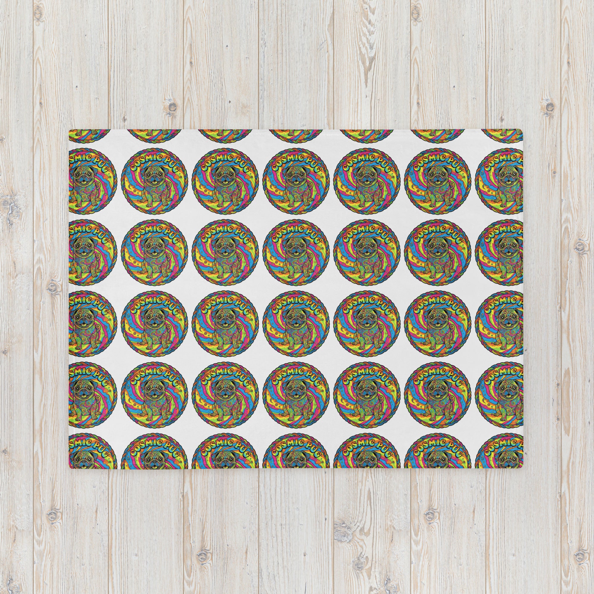 Leaky ts Cosmic Pug Throw Blanket featuring a colorful pug design, 30x40 inches, soft and cozy for home decor.