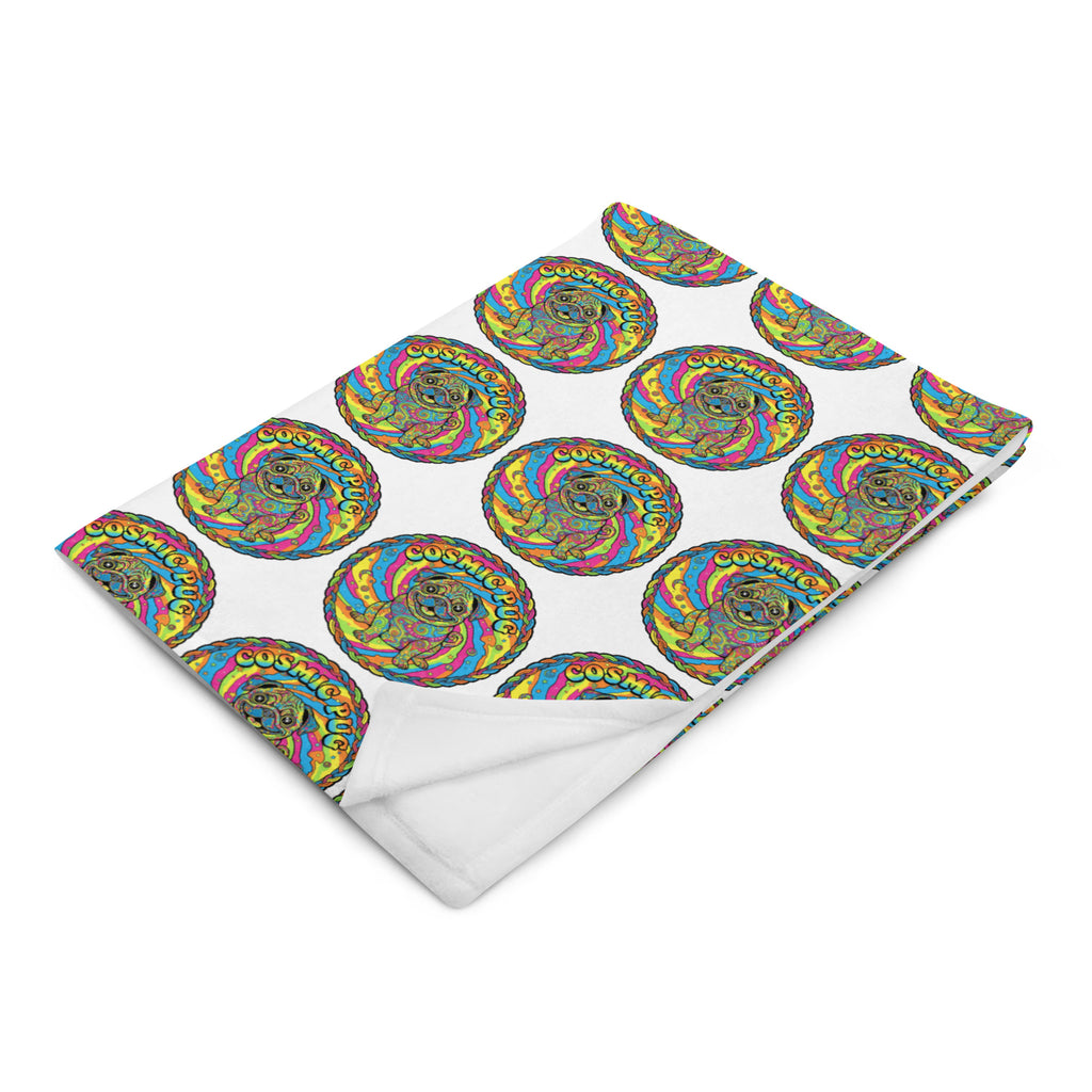 Leaky ts Cosmic Pug throw blanket, 30x40 inches, featuring a colorful pug design, displayed folded with the front visible.