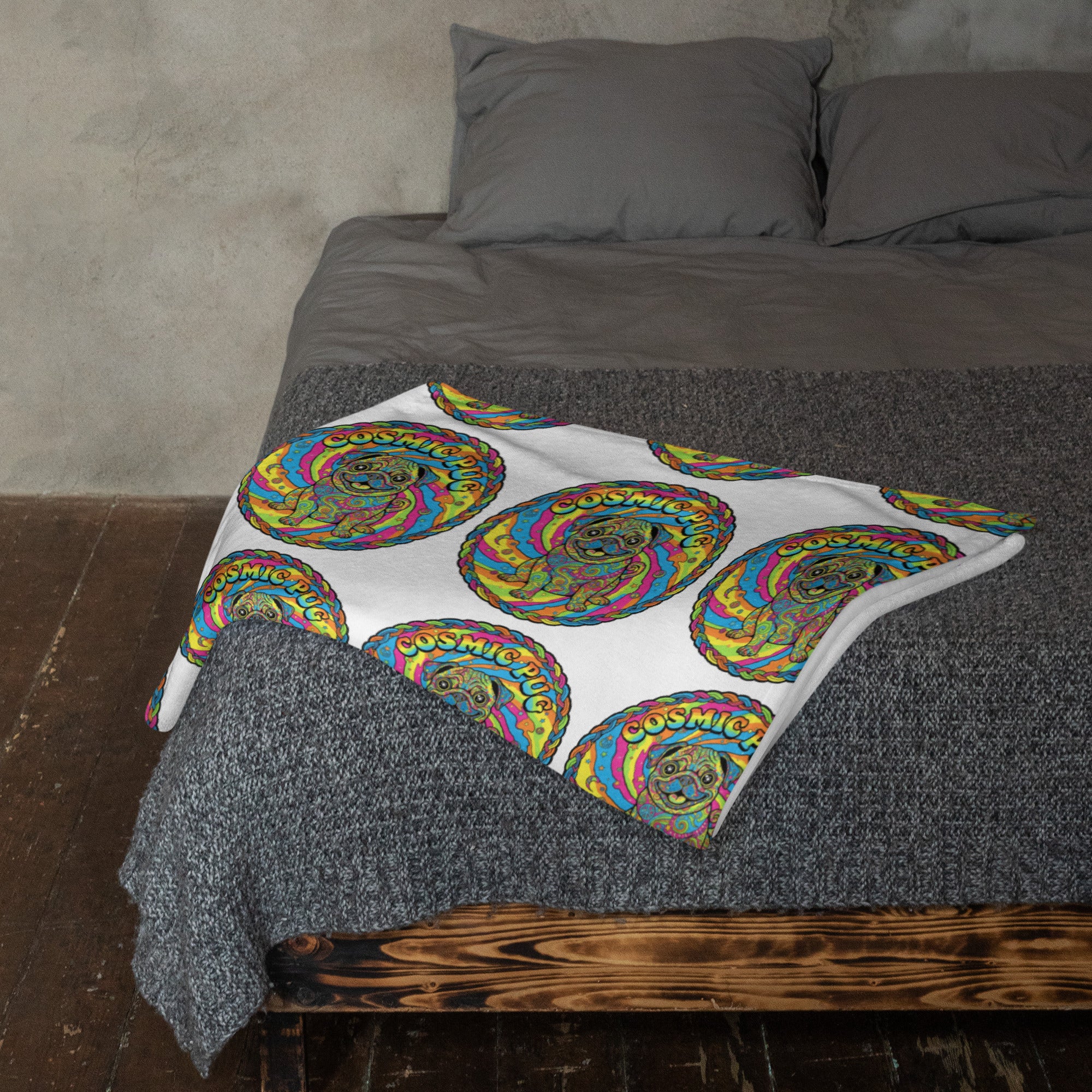Leaky TS Cosmic Pug Throw Blanket in 30x40 inches with a galaxy-themed pug design, shown draped over a cozy sofa.