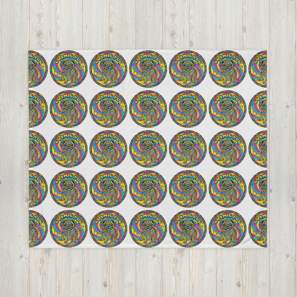 Leaky ts Cosmic Pug throw blanket with galaxy and pug design, 50x60 inches, soft and cozy for home decor.