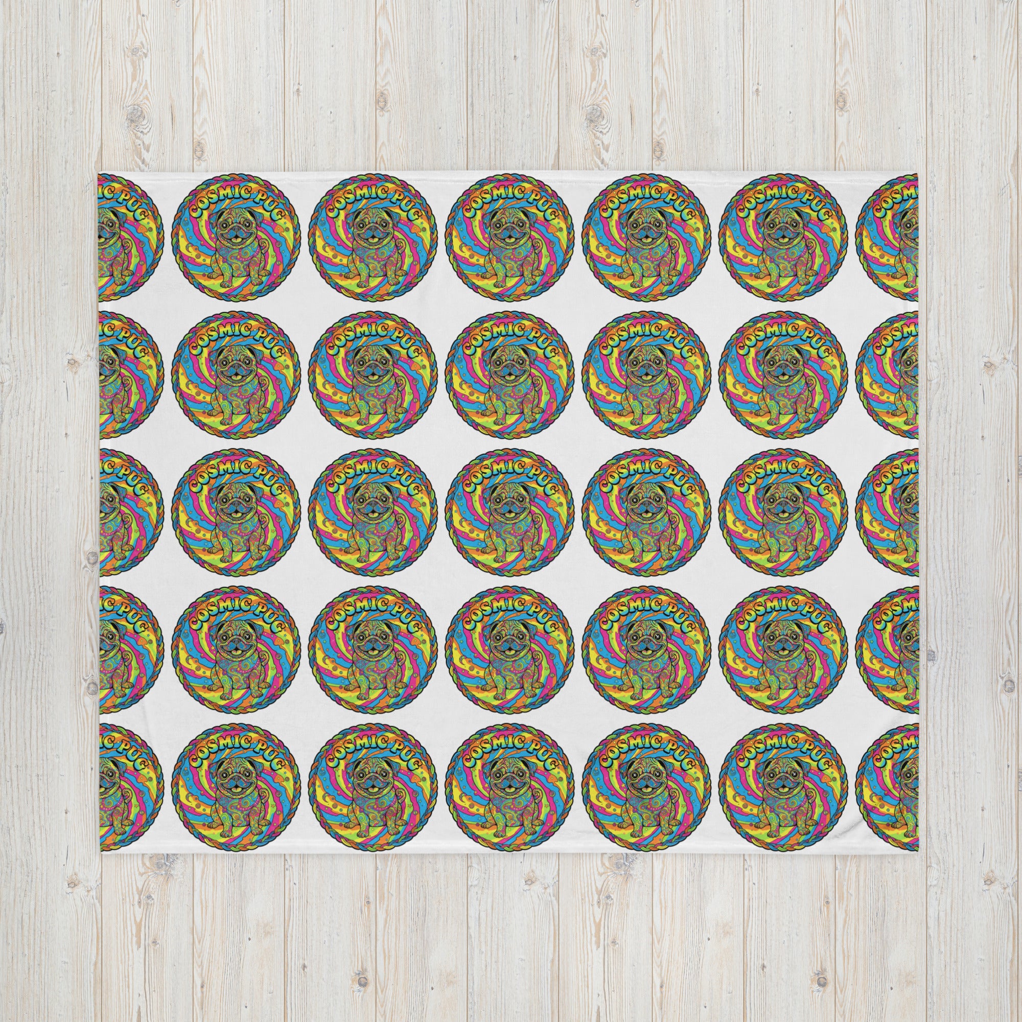 Leaky ts Cosmic Pug throw blanket with galaxy and pug design, 50x60 inches, soft and cozy for home decor.