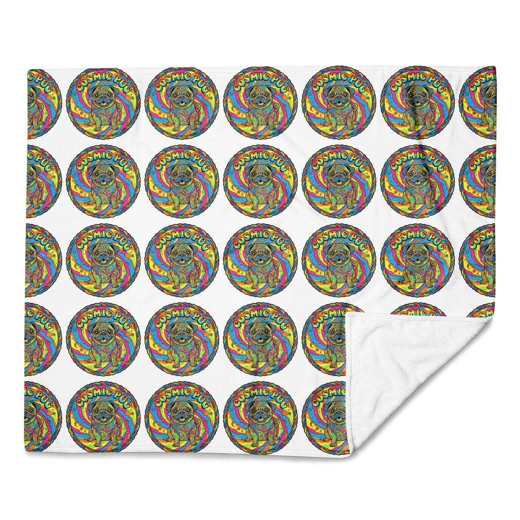 Leaky ts Cosmic Pug Throw Blanket with colorful pug design, 50x60 inches, soft and cozy for lounging or decor.