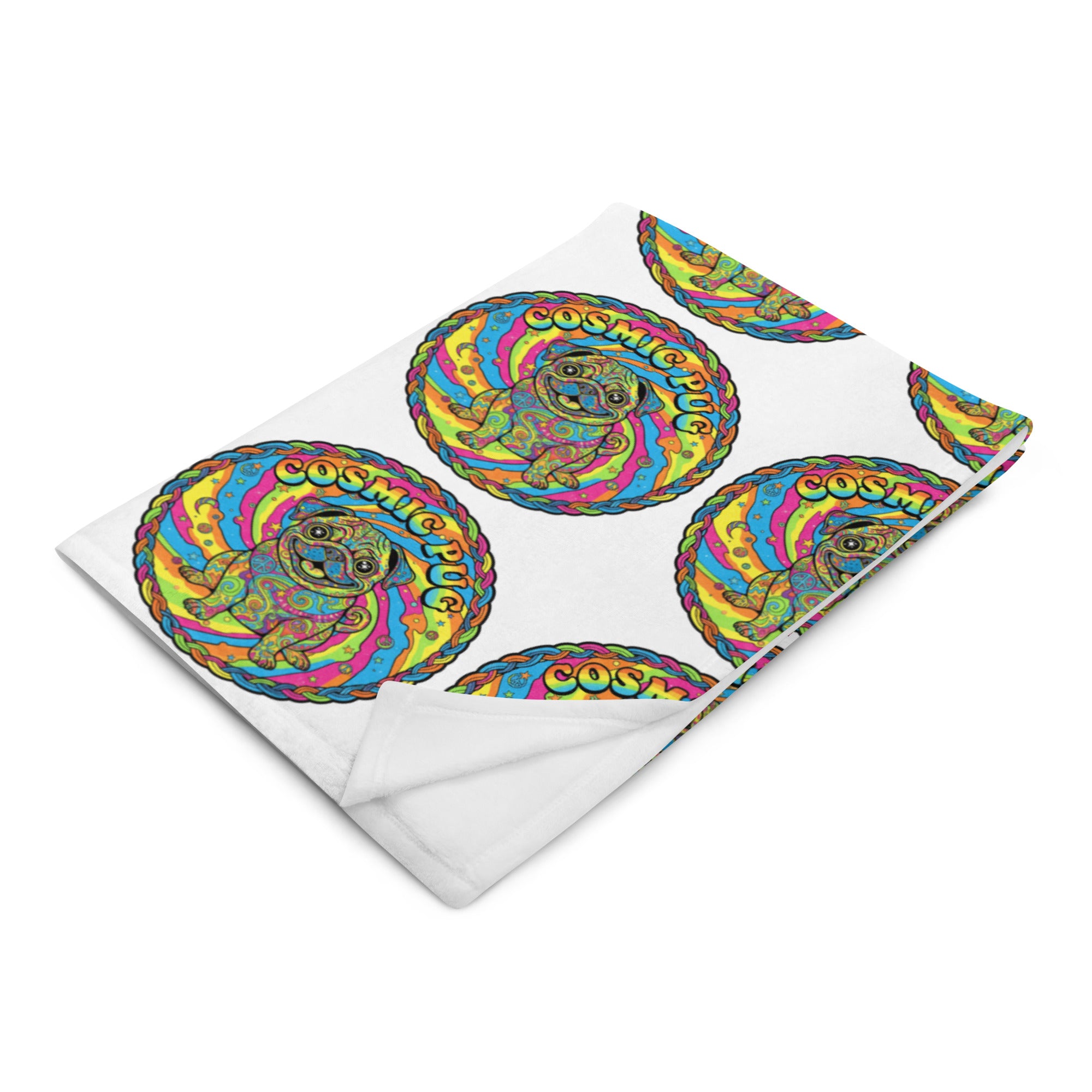 Leaky ts Cosmic Pug throw blanket featuring a colorful pug design, 50x60 inches, soft and cozy for lounging.